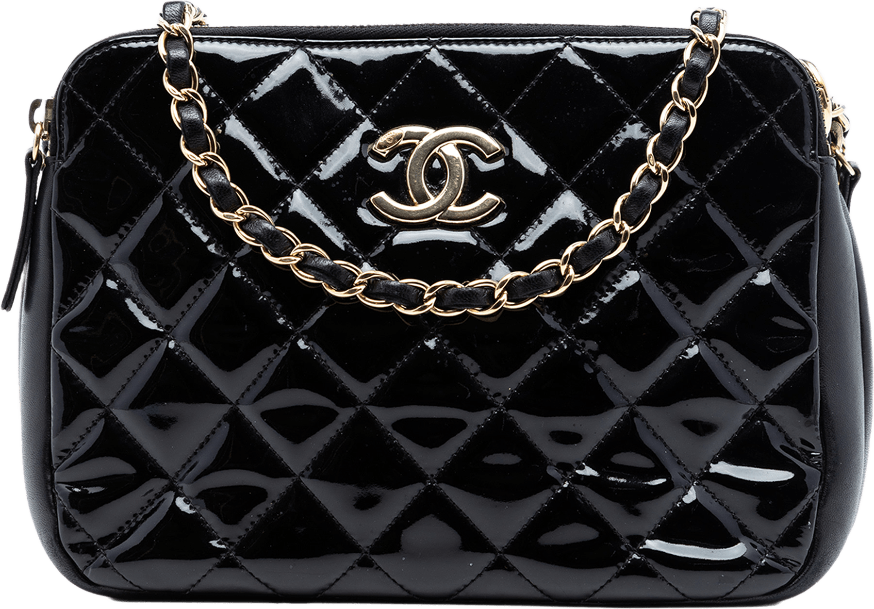 Chanel Cc Quilted Patent Double Zip Camera Bag, från Luxclusif, i färgen svart.