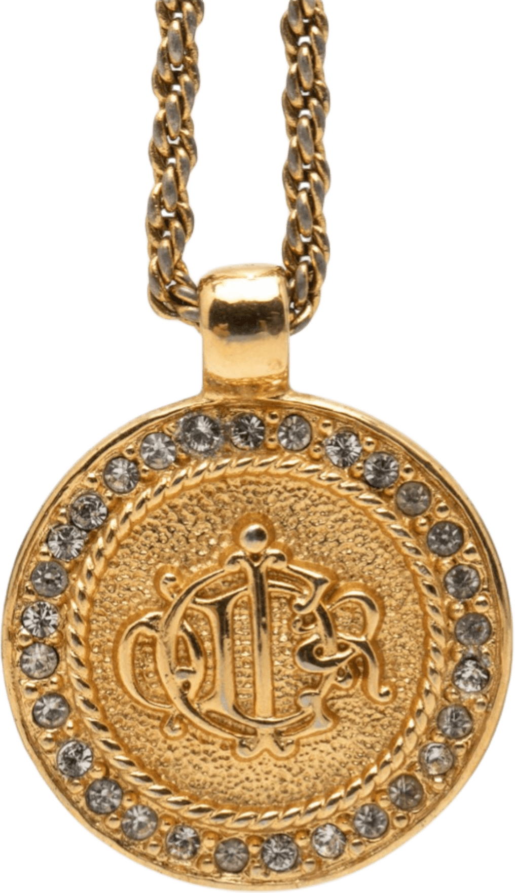 Dior Gold Plated Rhinestone Logo Medallion Pendant Necklace, från Luxclusif, i färgen gold.