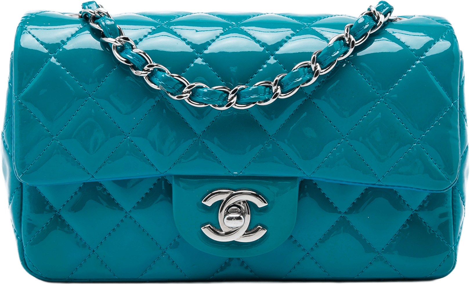 Chanel Mini Rectangular Classic Patent Single Flap, från Luxclusif, i färgen blå.