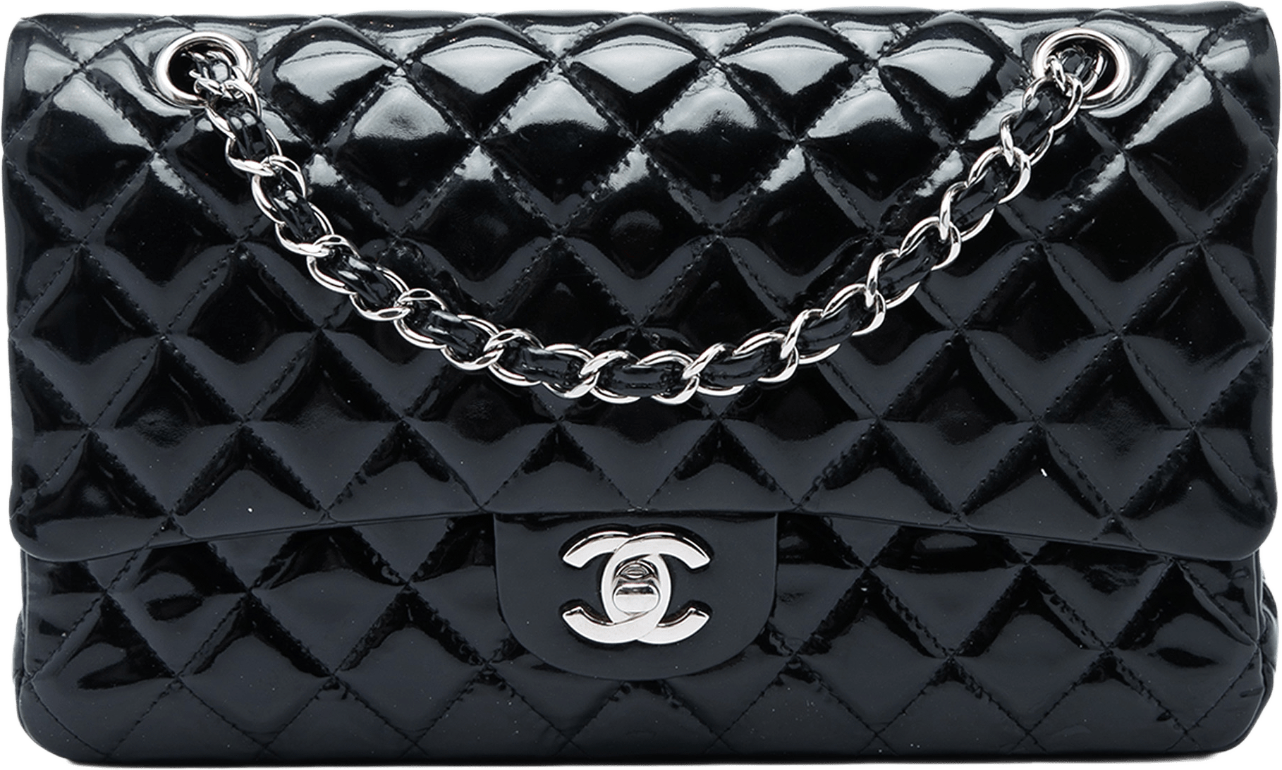 Chanel Medium Classic Patent Double Flap, från Luxclusif, i färgen svart.