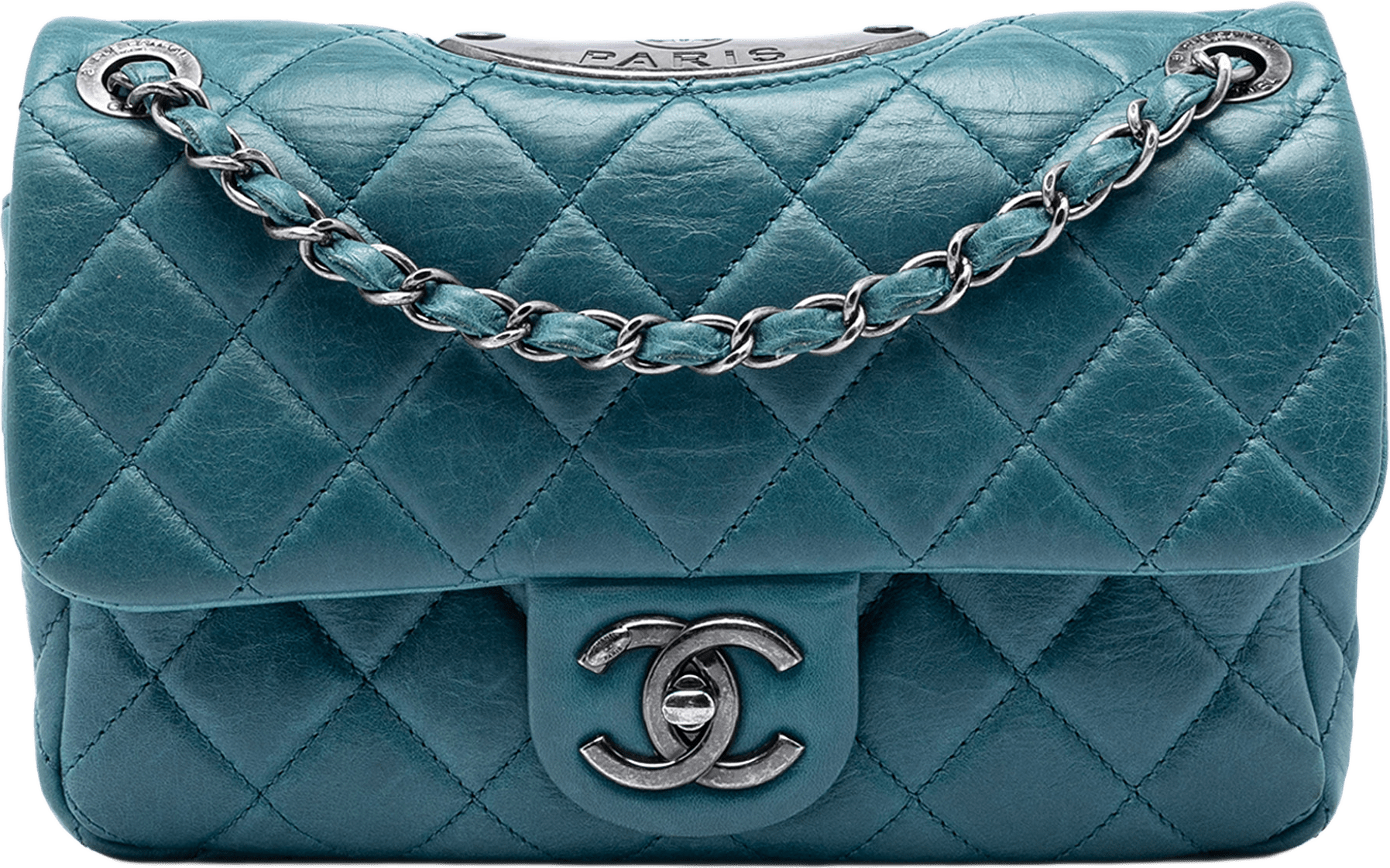 Chanel Quilted Calfskin Plaque Double Flap, från Luxclusif, i färgen peacock.