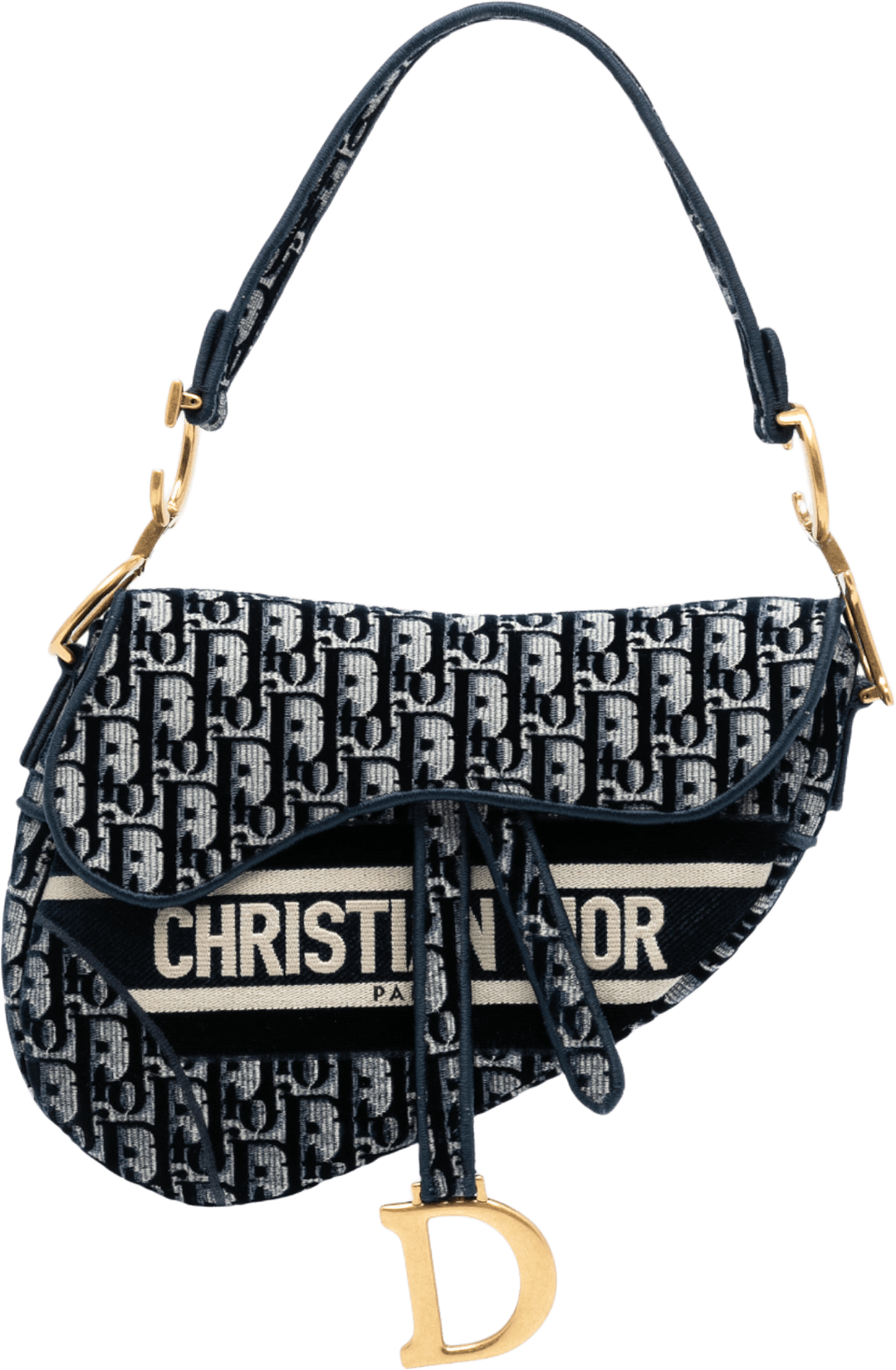 Dior Oblique Embroidered Velvet Saddle Bag, från Luxclusif, i färgen navy.