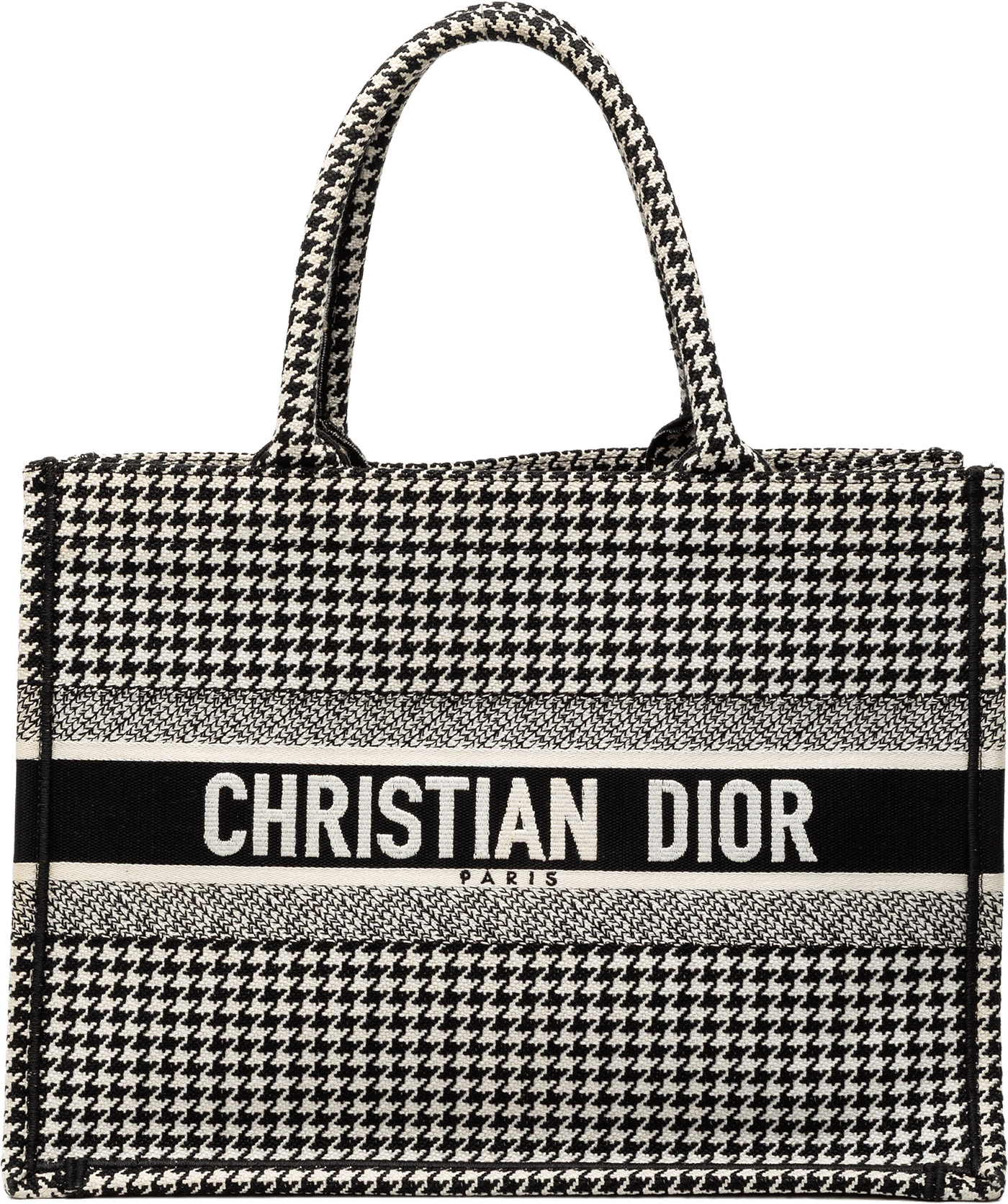 Dior Medium Canvas Houndstooth Embroidered Book Tote, från Luxclusif, i färgen black.