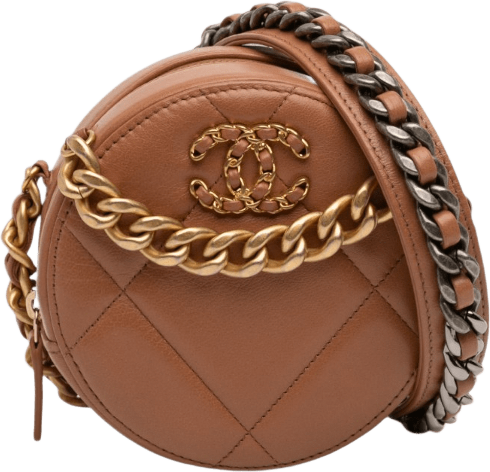 Chanel Mini Round 19 Clutch With Strap, från Luxclusif, i färgen brown.