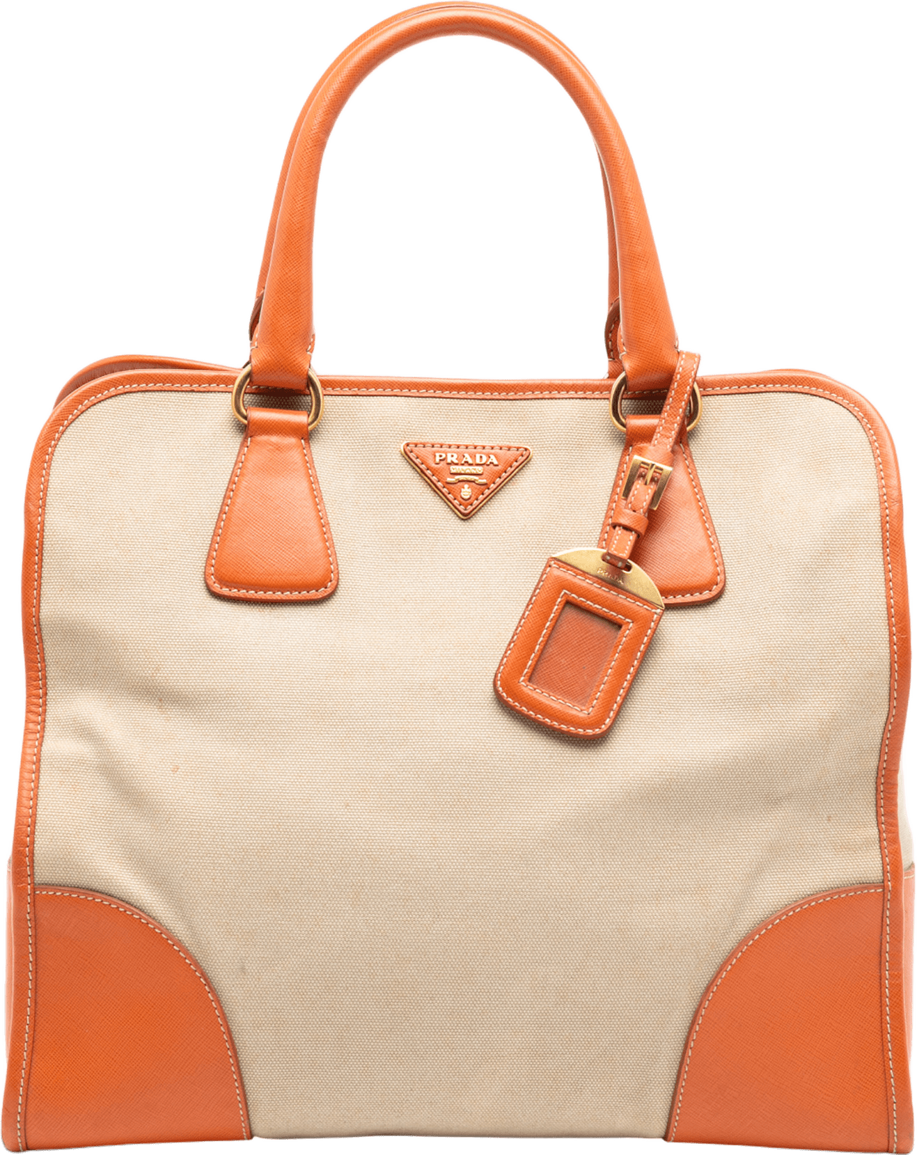 Prada Saffiano Trimmed Canvas Canapa Satchel, från Luxclusif, i färgen beige.