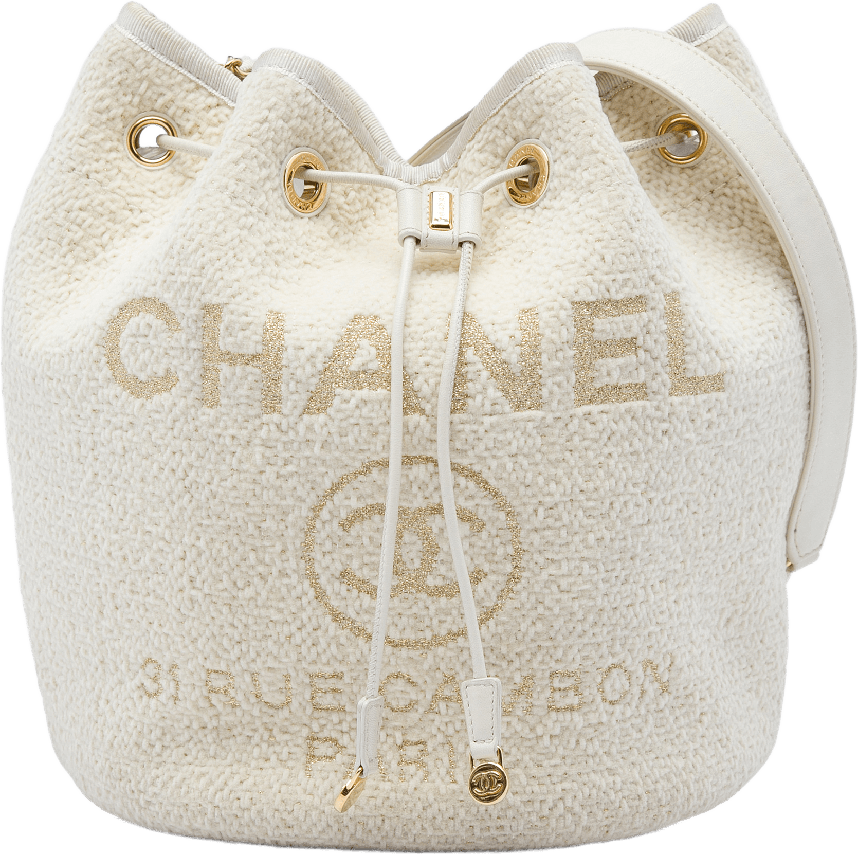 Chanel Small Tweed Deauville Drawstring Bucket Bag, från Luxclusif, i färgen vit.