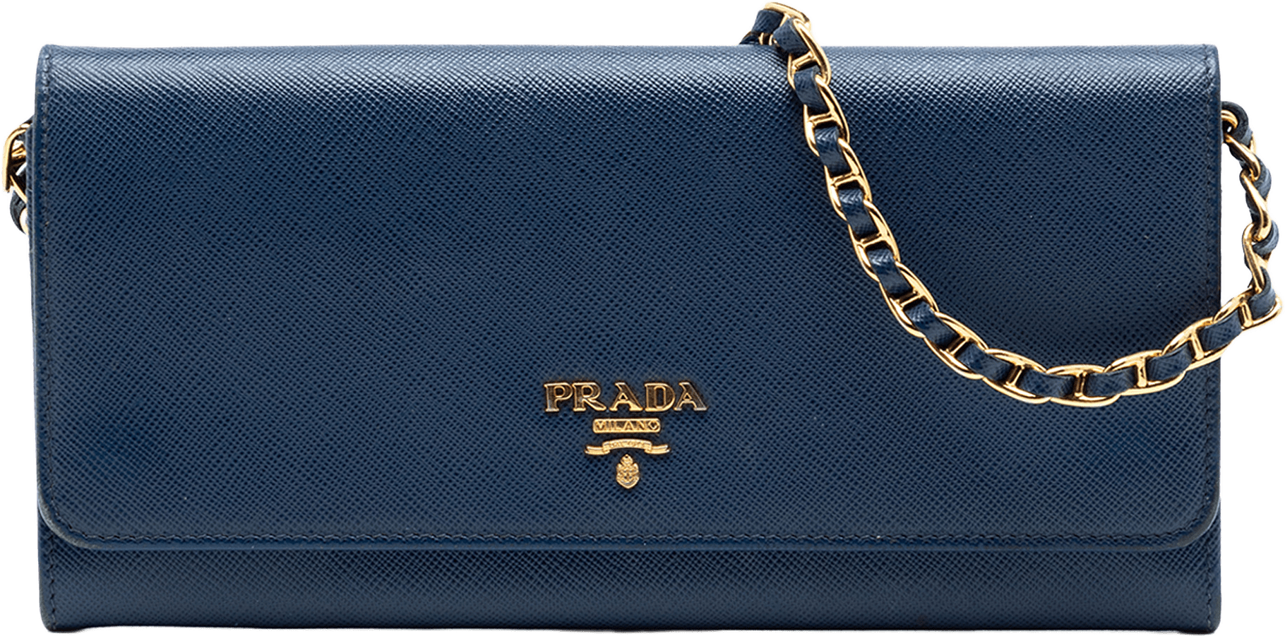 Prada Saffiano Wallet On Chain, från Luxclusif, i färgen navy.
