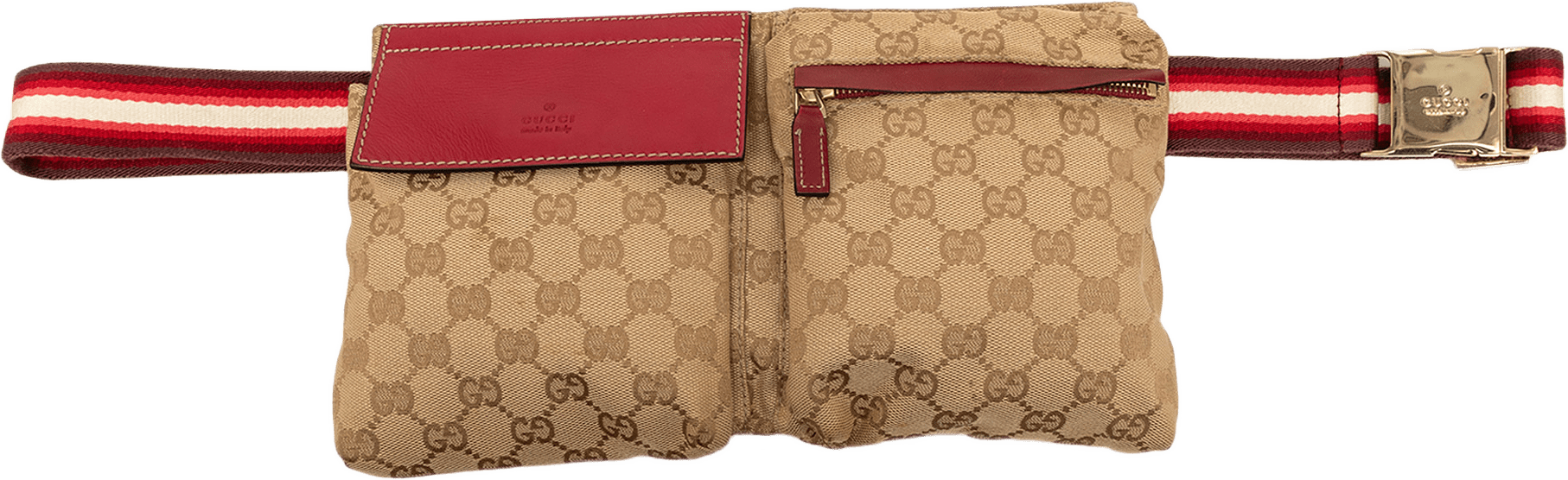 Gucci Gg Canvas Web Double Pocket Belt Bag, från Luxclusif, i färgen röd.
