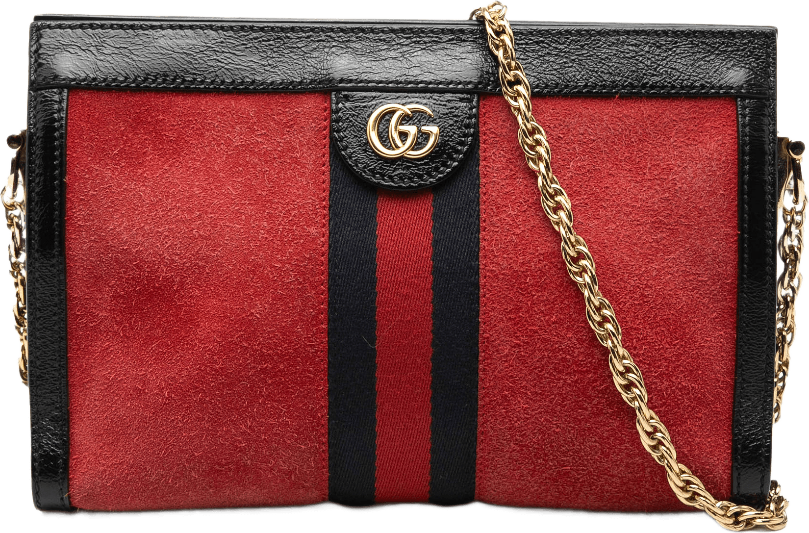 Gucci Small Suede Web Ophidia Chain Crossbody, från Luxclusif, i färgen svart.