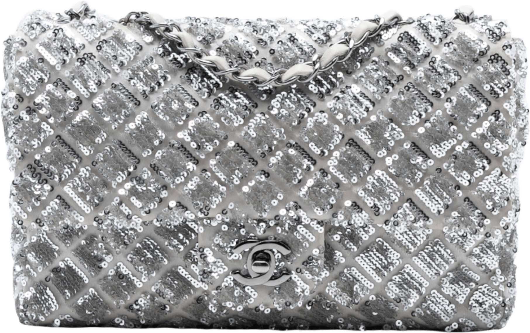 Chanel Medium Classic Satin And Sequin Single Flap, från Luxclusif, i färgen silver.