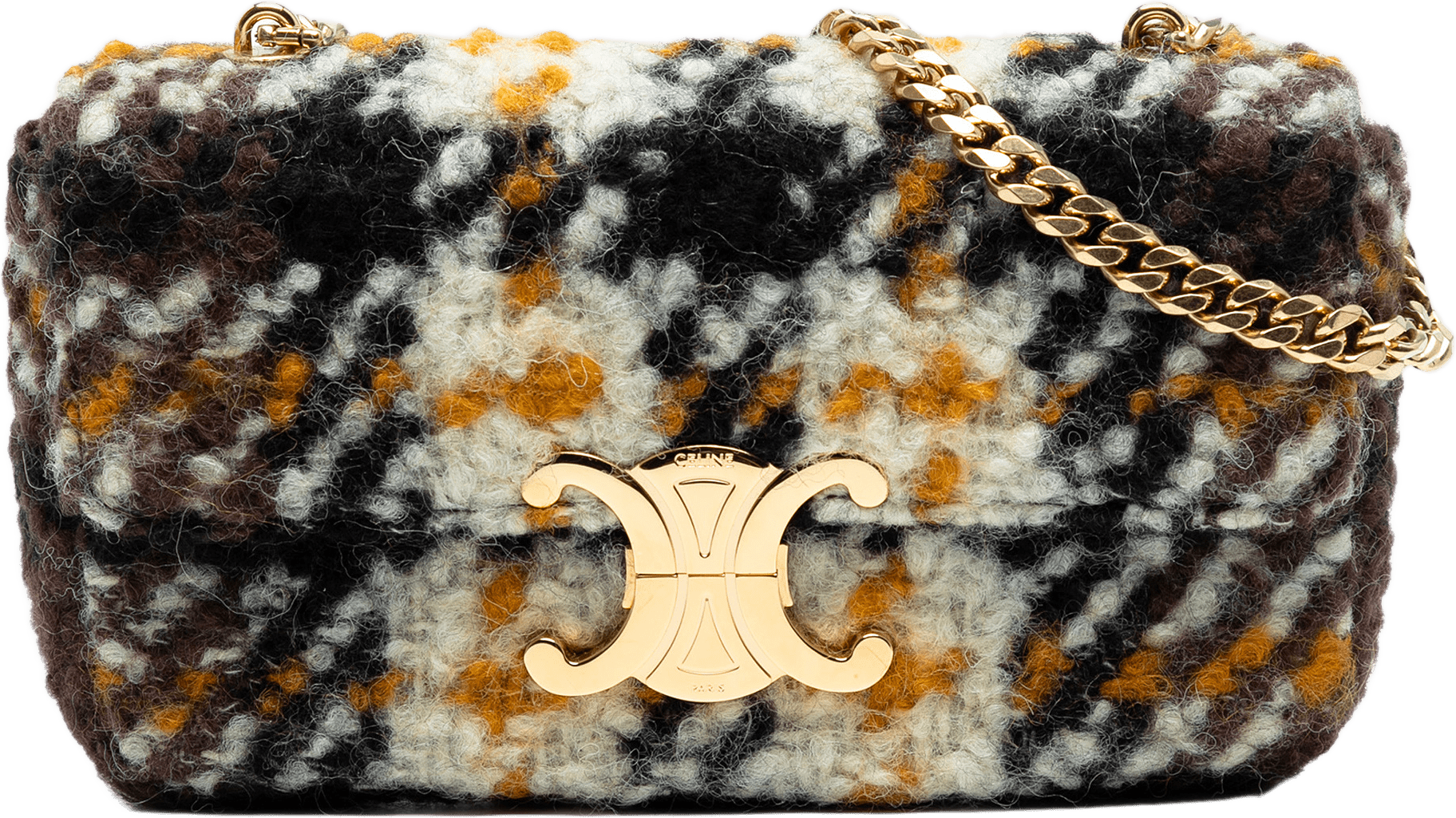 Celine Wool Triomphe Chain Shoulder Bag, från Luxclusif, i färgen black.