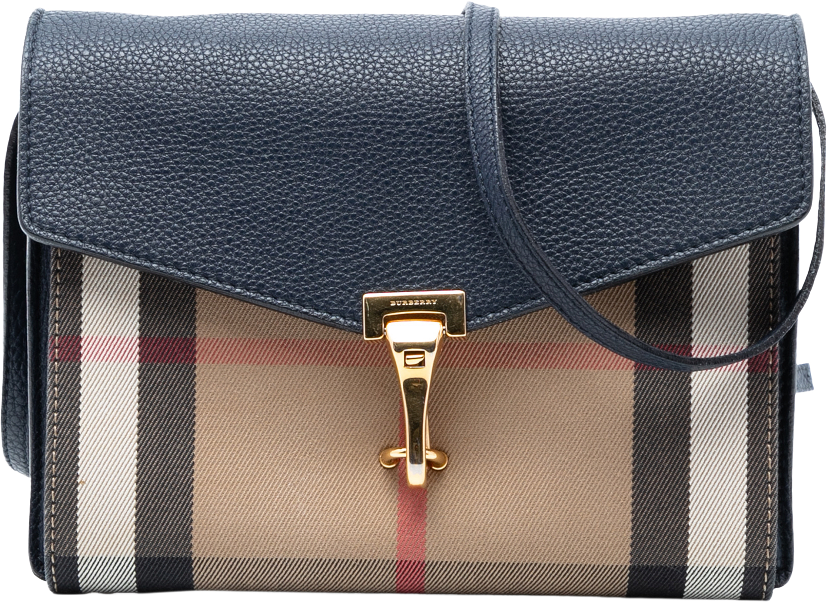 Burberry Small Leather And House Check Canvas Derby Macken Crossbody, från Luxclusif, i färgen navy.