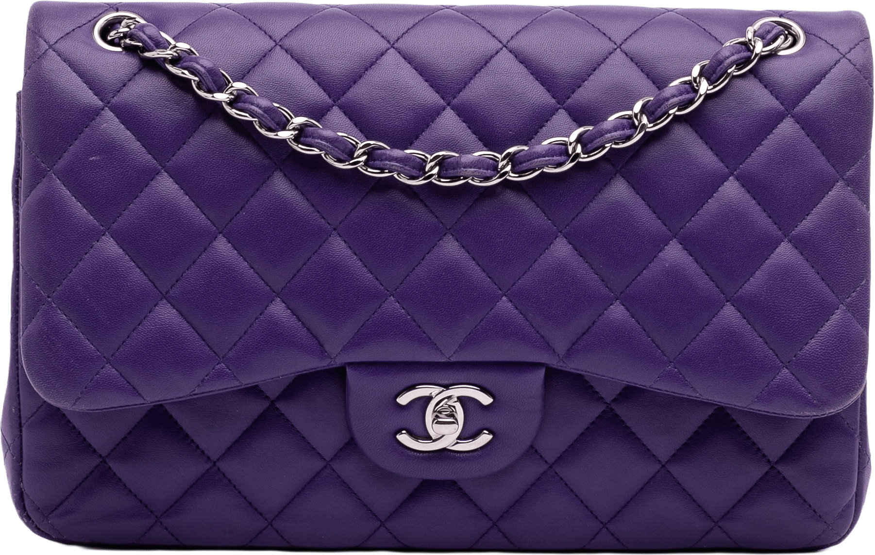 Chanel Jumbo Classic Lambskin Double Flap, från Luxclusif, i färgen purple.
