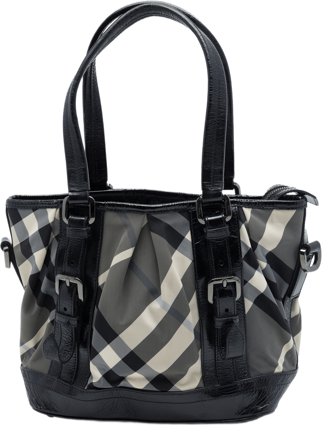 Burberry Haymarket Check Coated Canvas Tote, från Luxclusif, i färgen grå.