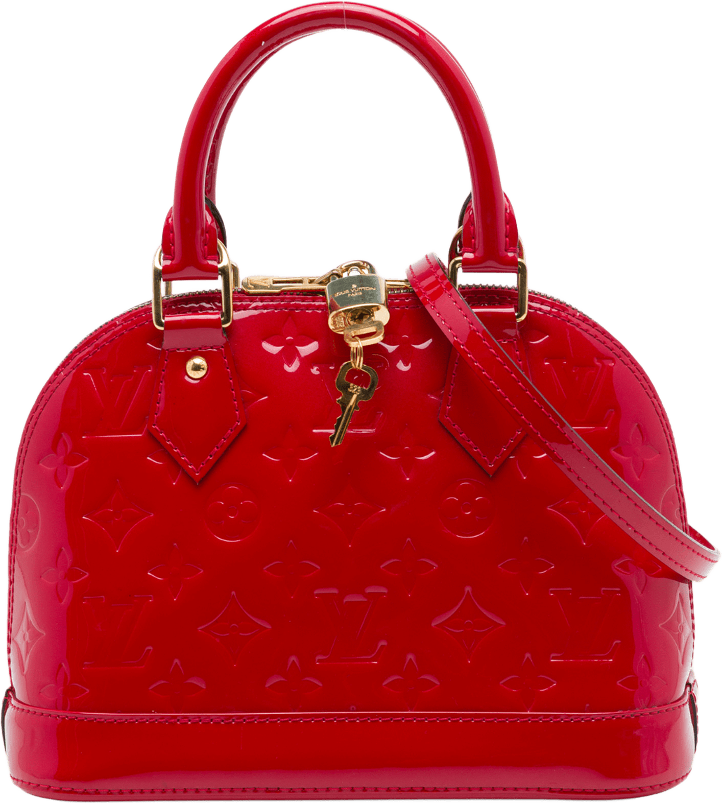 Louis Vuitton Monogram Vernis Alma Bb, från Luxclusif, i färgen röd.