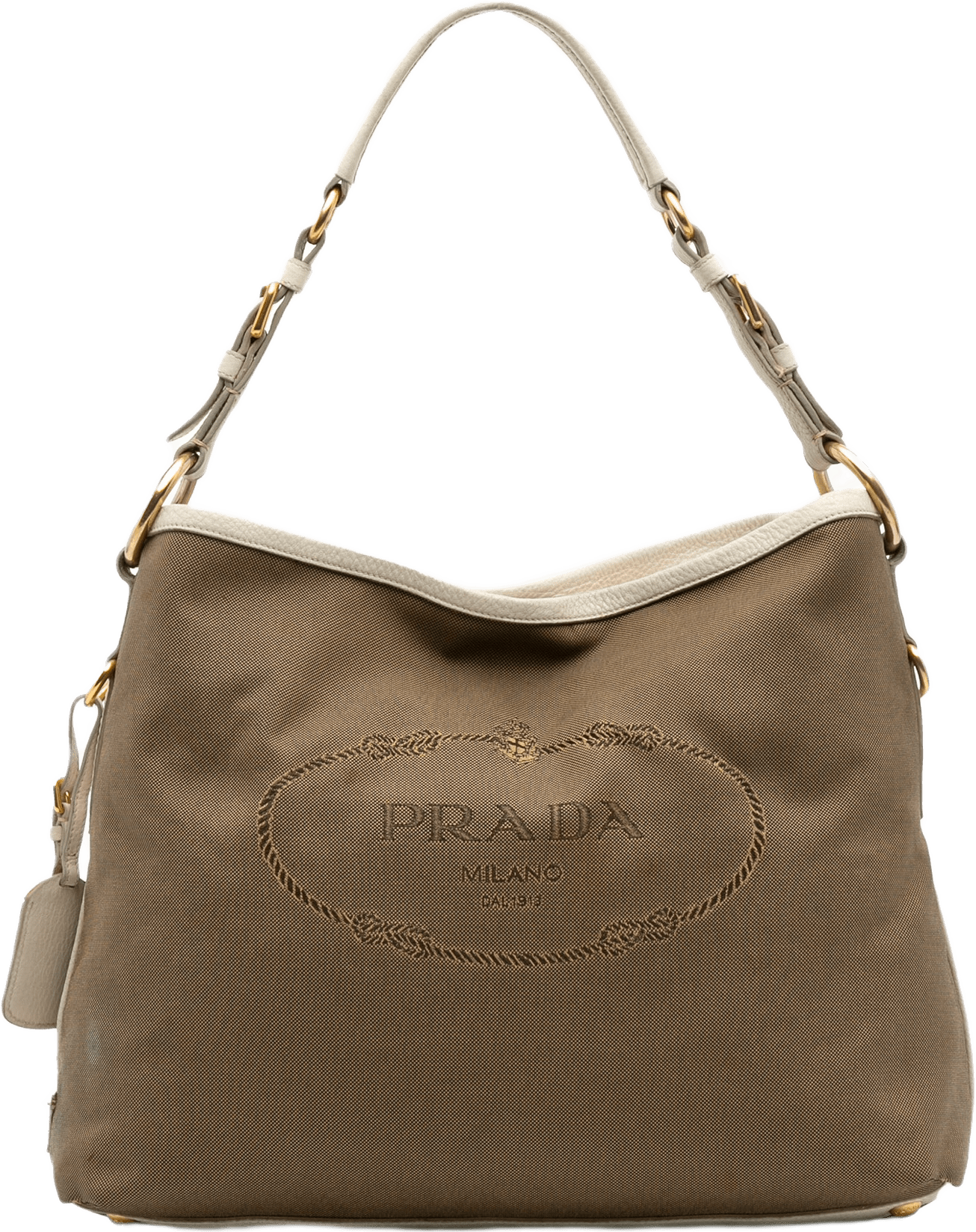 Prada Canvas Canapa Logo Shoulder Bag, från Luxclusif, i färgen beige.