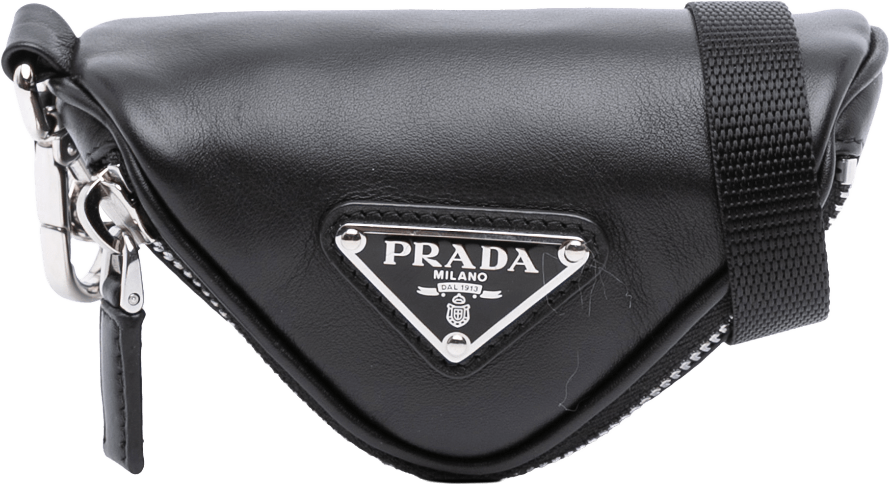 Prada Mini Soft Nappa Triangle Pouch, från Luxclusif, i färgen black.