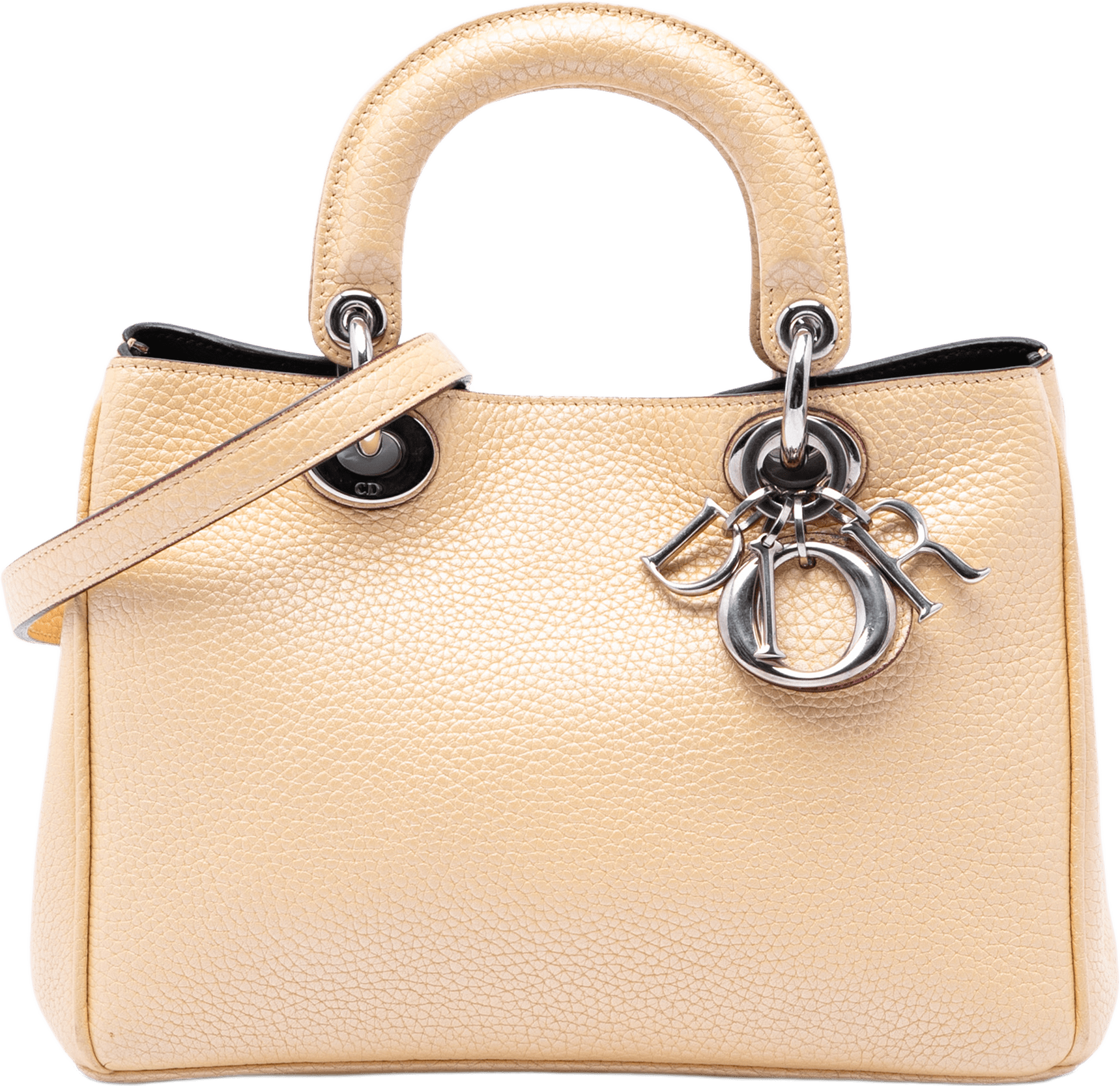 Dior Mini Metallic Leather Diorissimo Satchel, från Luxclusif, i färgen gul.