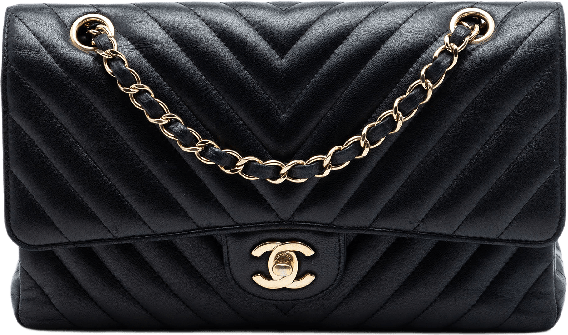 Chanel Medium Classic Chevron Lambskin Double Flap, från Luxclusif, i färgen black.
