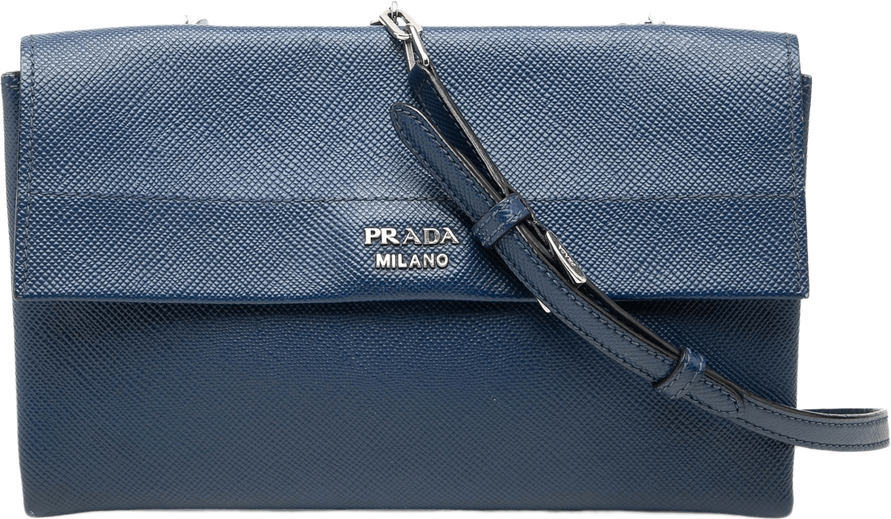 Prada Saffiano Leather Double Turnlock Crossbody, från Luxclusif, i färgen dark blue.