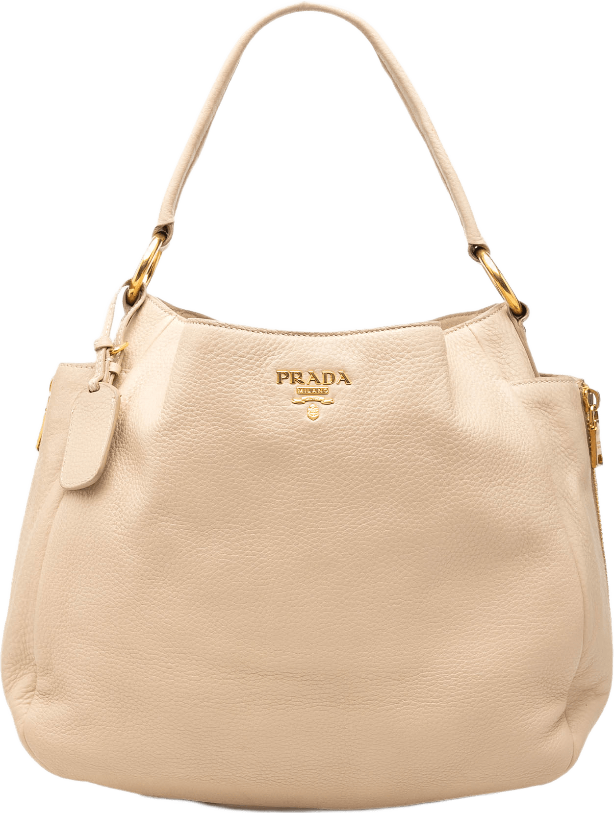 Prada Vitello Daino Side Zip Pocket Hobo, från Luxclusif, i färgen light beige.