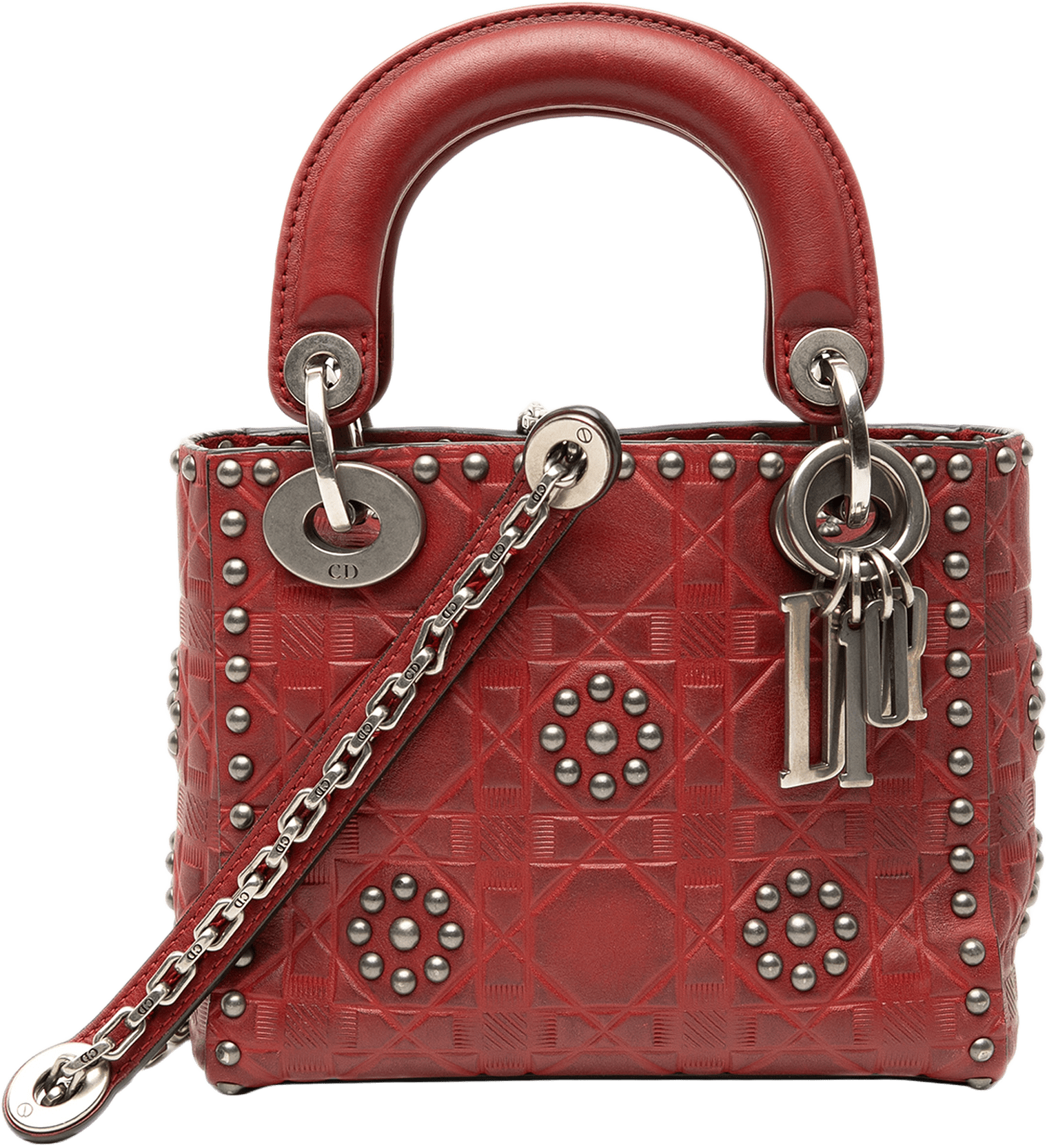 Dior Mini Embossed Calfskin Cannage Studded Flower Lady Dior, från Luxclusif, i färgen red.