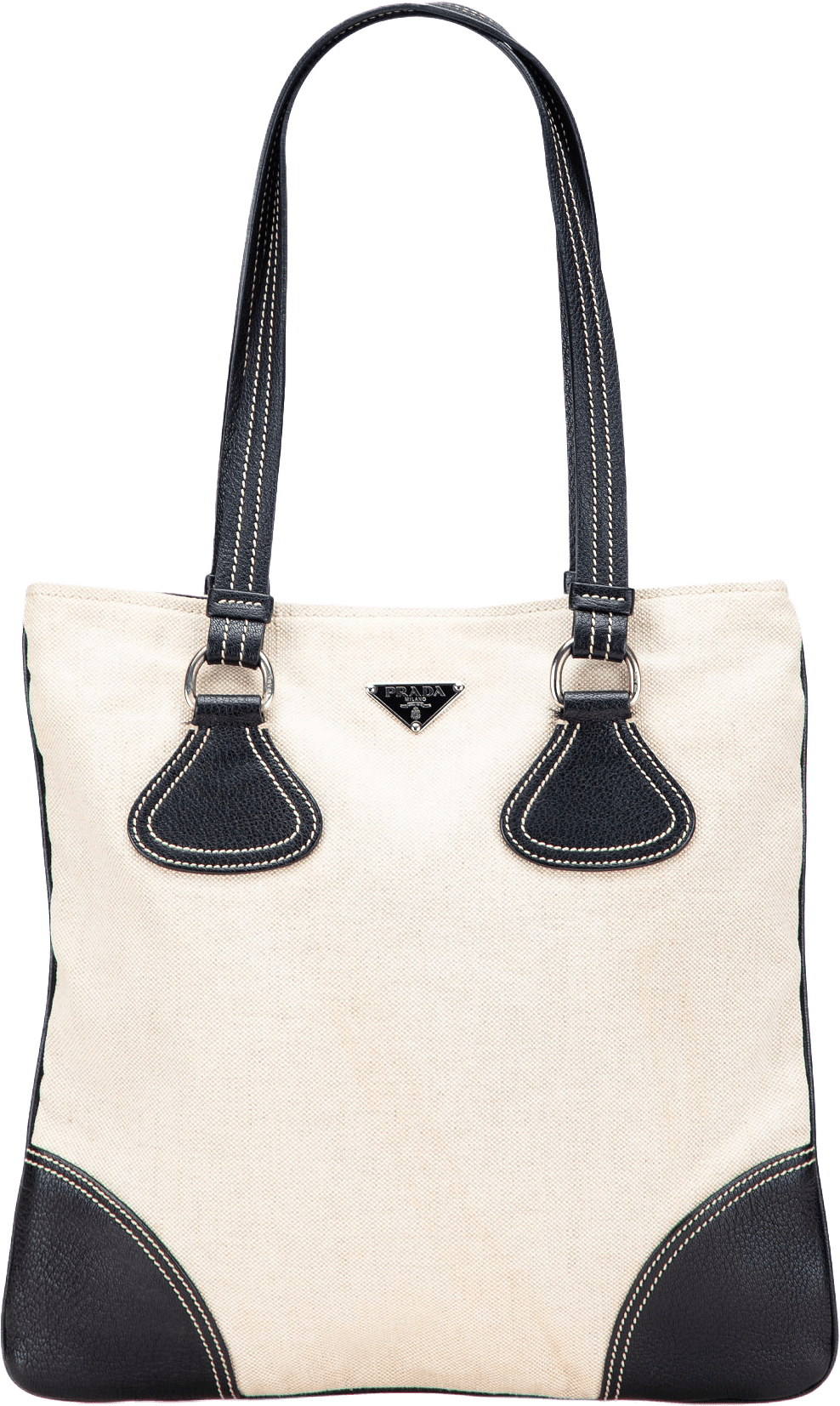 Prada Vitello Trimmed Canvas Canapa Tote, från Luxclusif, i färgen light beige.