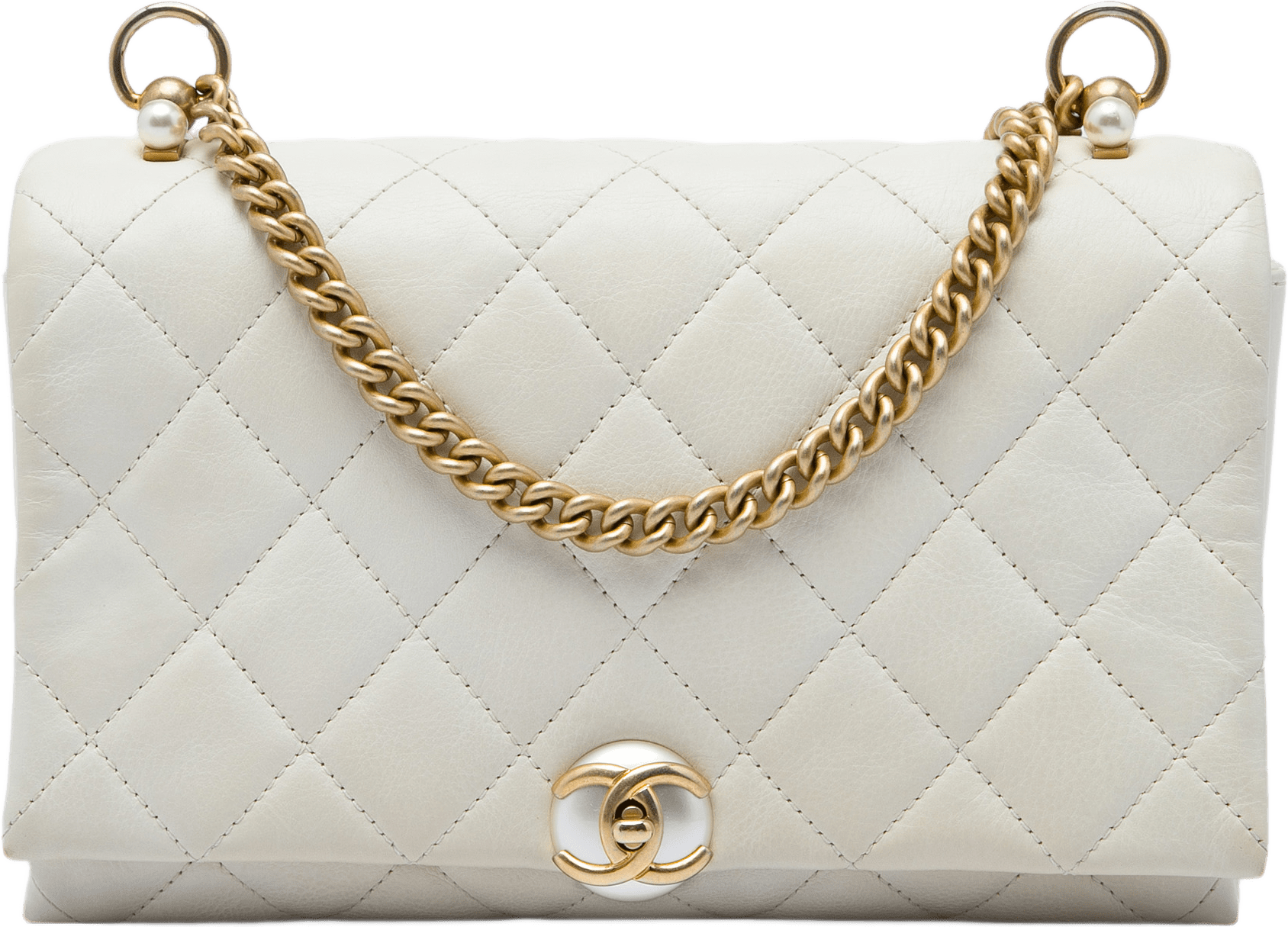 Chanel Small Quilted Calfskin Pearl Cc Accordion Flap, från Luxclusif, i färgen vit.
