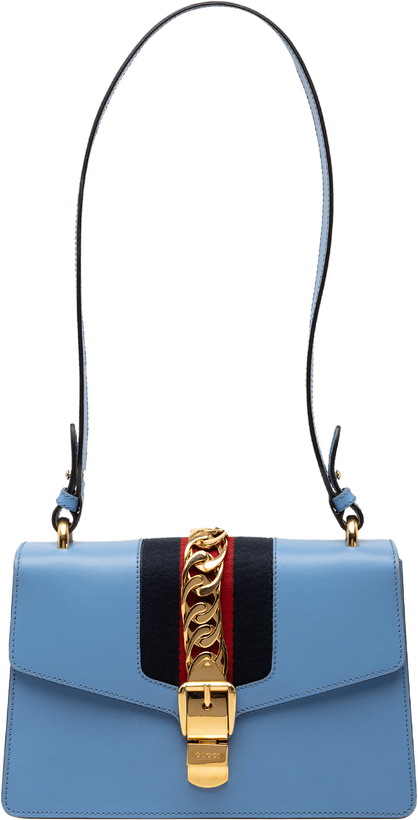 Gucci Small Leather Sylvie Web Satchel, från Luxclusif, i färgen light blue.