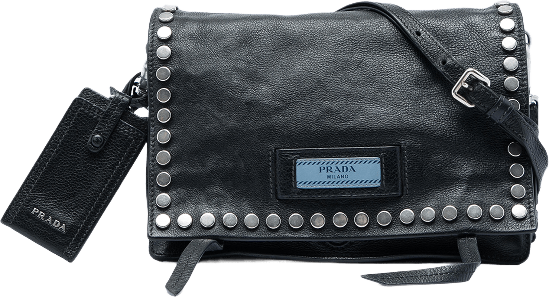 Prada Glace Calf Studded Etiquette Flap, från Luxclusif, i färgen svart.
