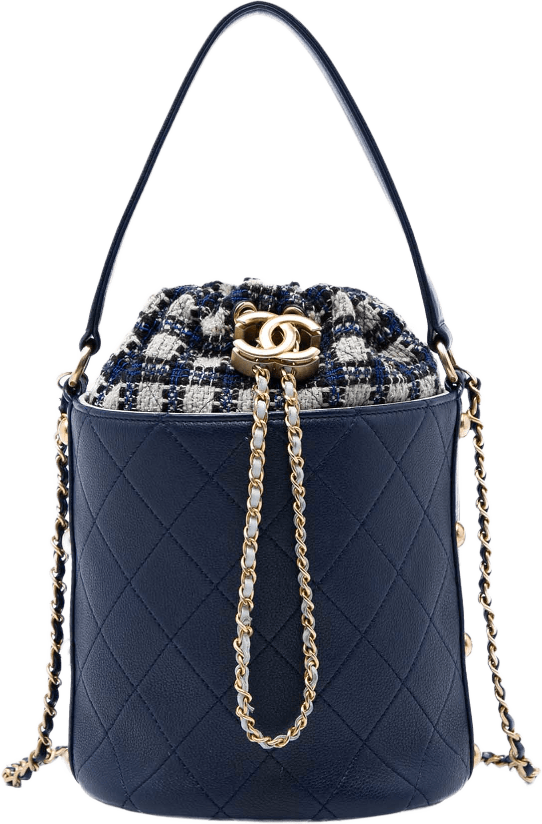 Chanel Medium Cc Calfskin And Tweed Drawstring Bucket Bag, från Luxclusif, i färgen blå.