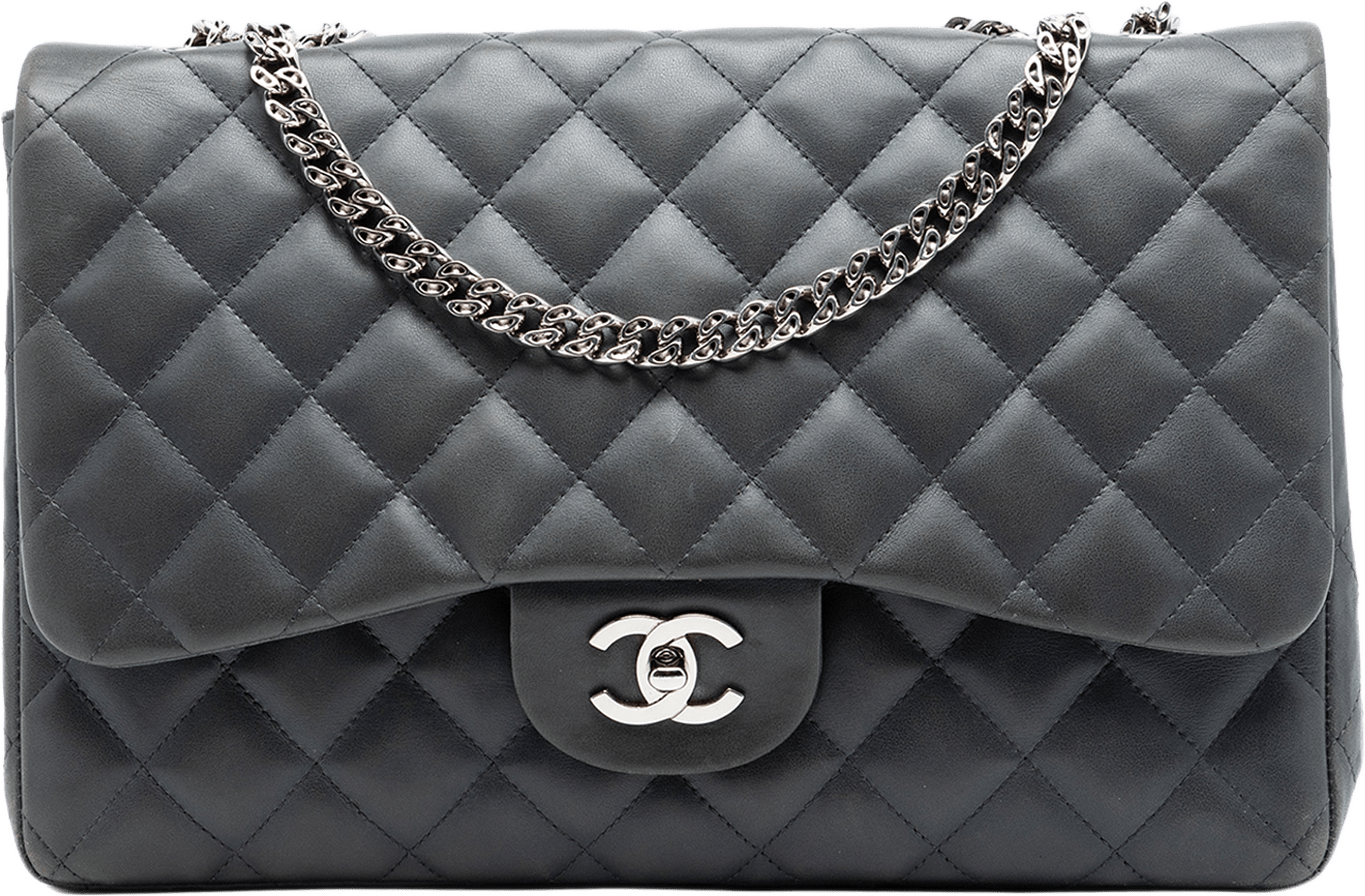 Chanel Jumbo Classic Lambskin Bijoux Chain Single Flap, från Luxclusif, i färgen dark gray.