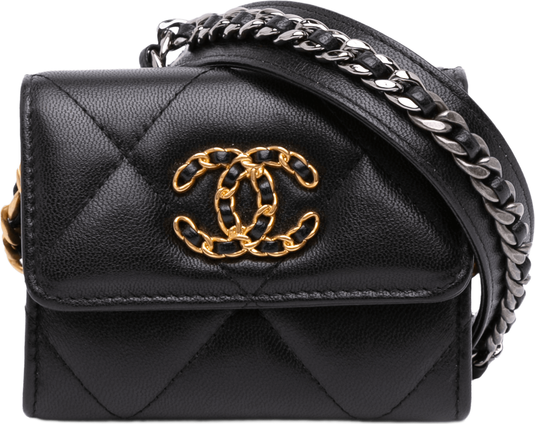 Chanel Quilted Lambskin 19 Flap Coin Purse With Chain, från Luxclusif, i färgen svart.