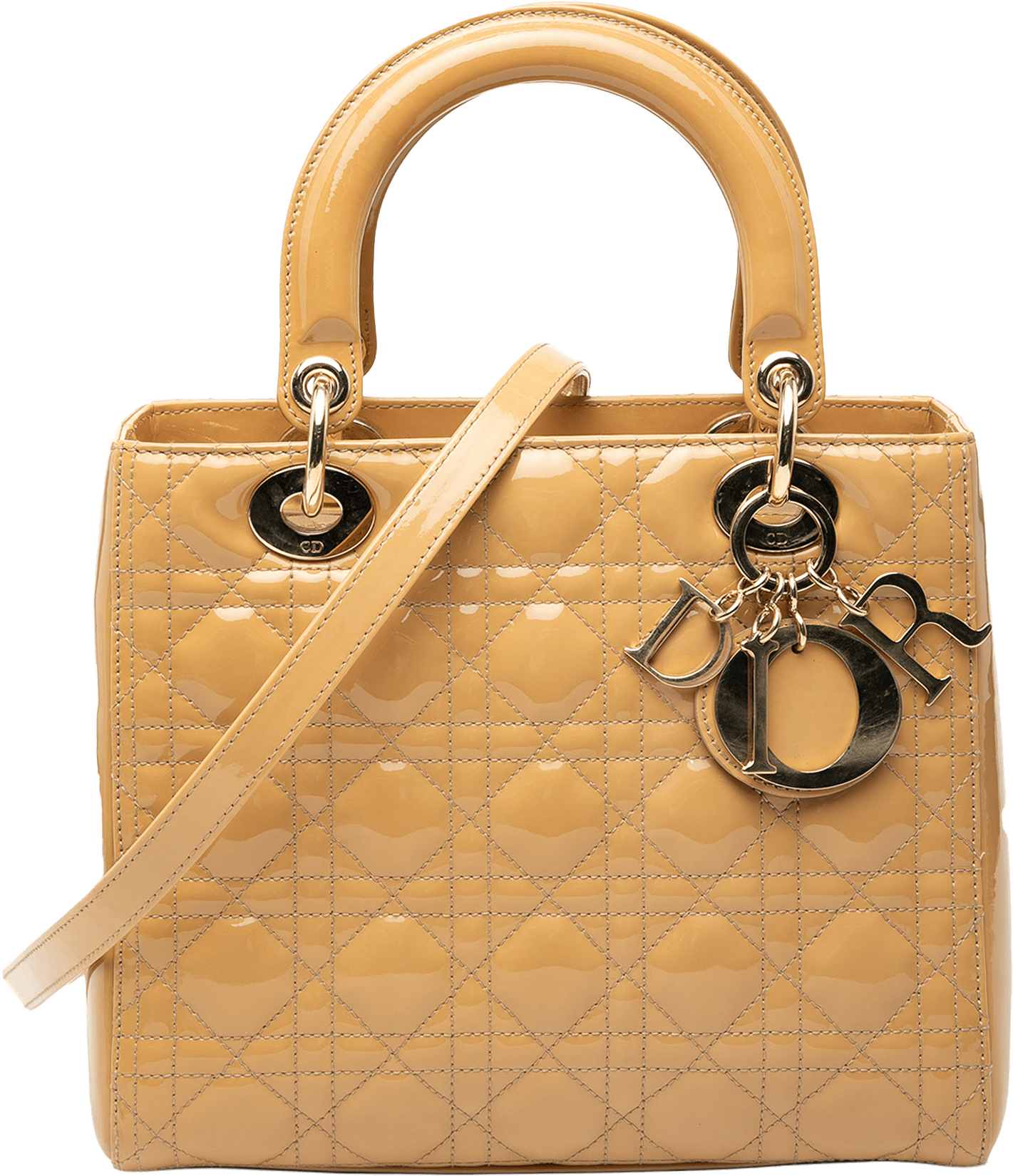 Dior Medium Patent Cannage Lady Dior, från Luxclusif, i färgen caramel.