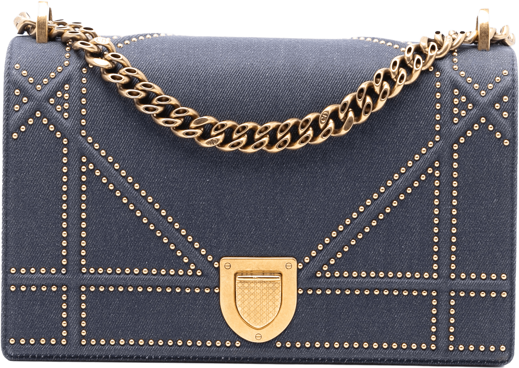 Dior Medium Studded Denim Diorama Flap, från Luxclusif, i färgen blue.