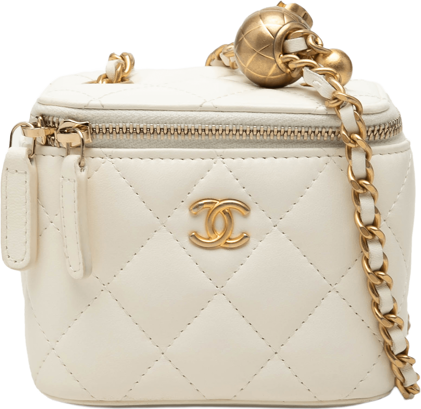 Chanel Mini Cc Quilted Lambskin Pearl Crush Vanity Case With Chain, från Luxclusif, i färgen vit.