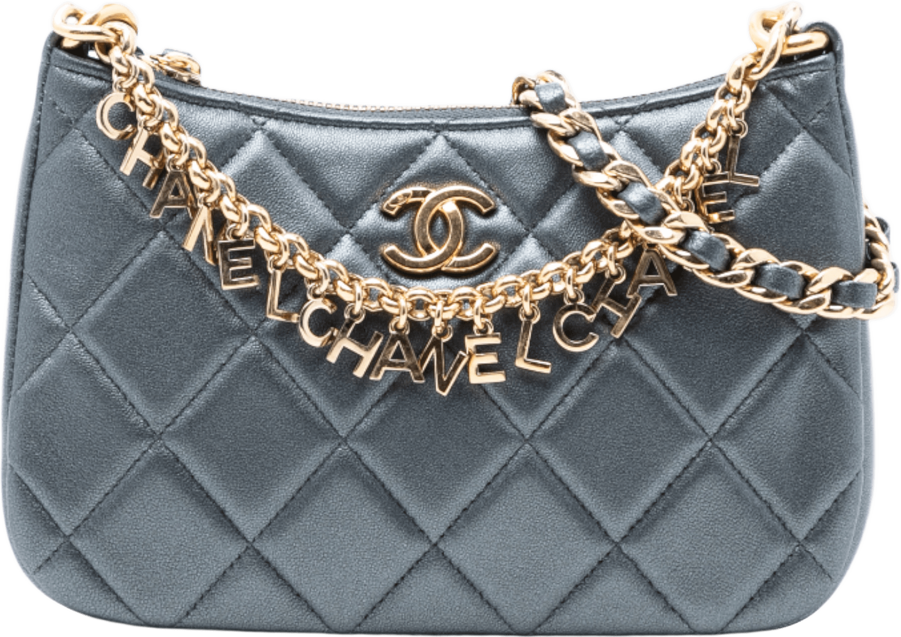 Chanel Cc Quilted Metallic Lambskin Logo Chain Satchel, från Luxclusif, i färgen gray.