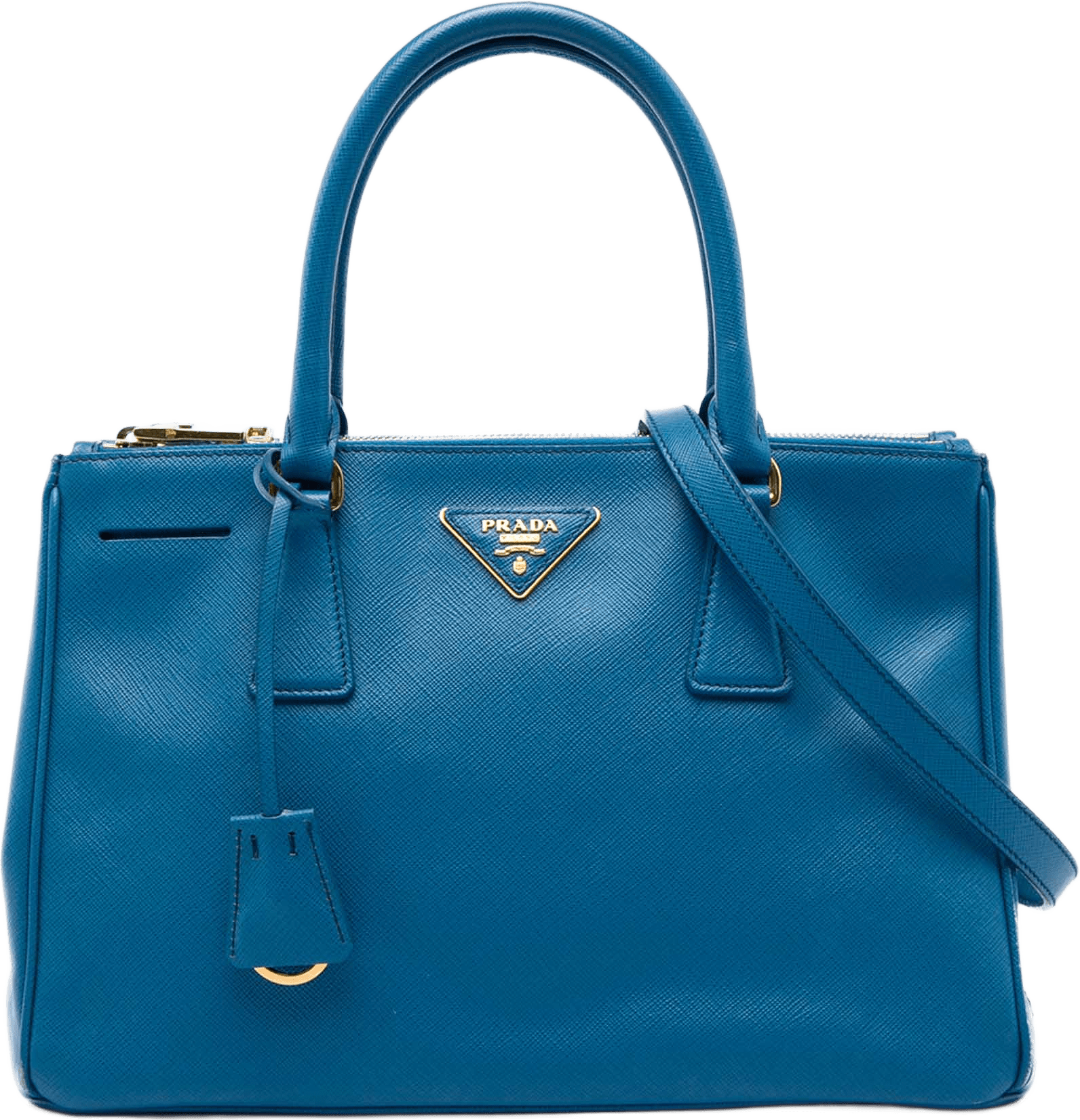 Prada Small Saffiano Lux Galleria Double Zip Satchel, från Luxclusif, i färgen blå.