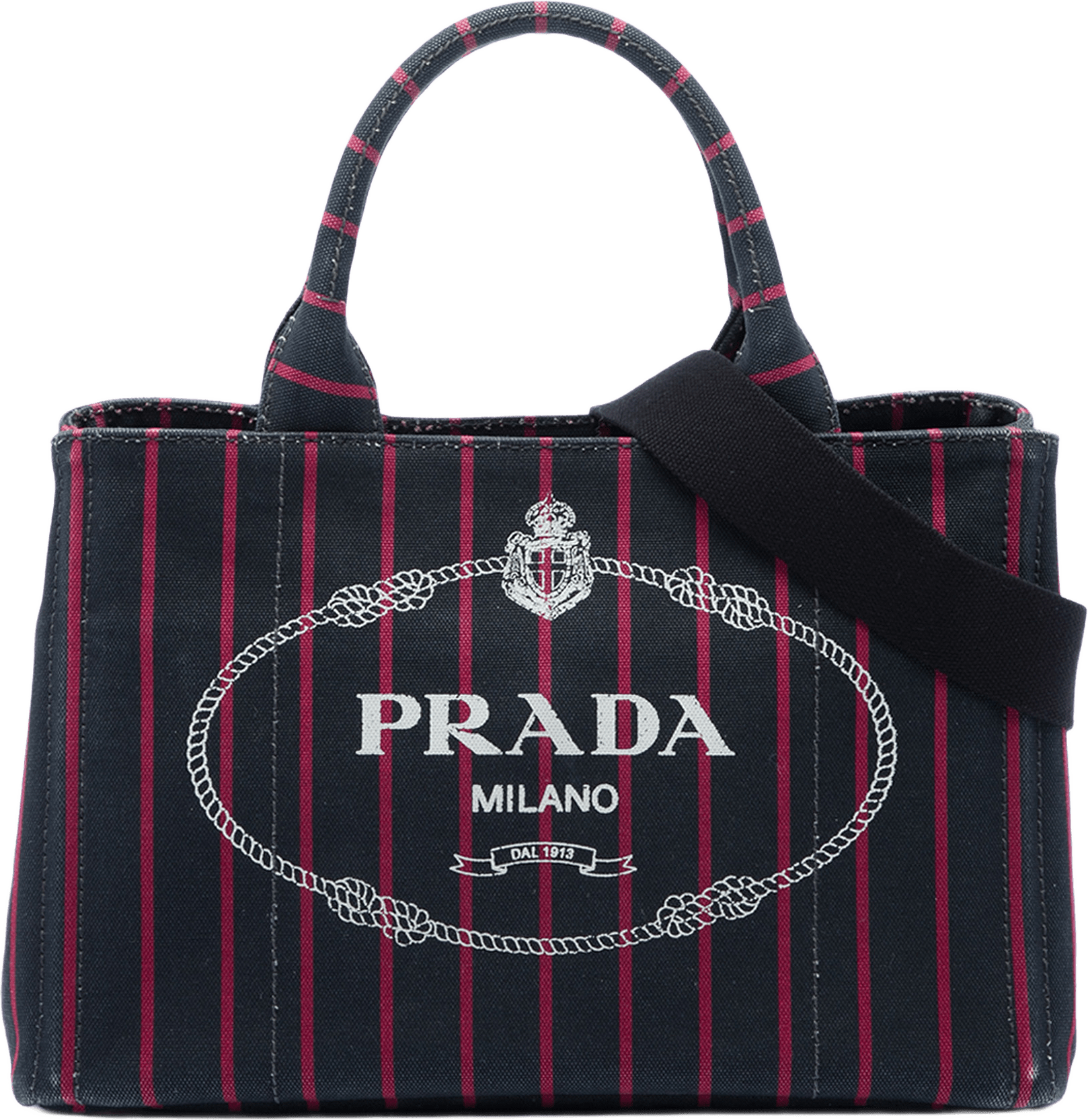 Prada Small Canvas Canapa Logo Stripes Satchel, från Luxclusif, i färgen black.