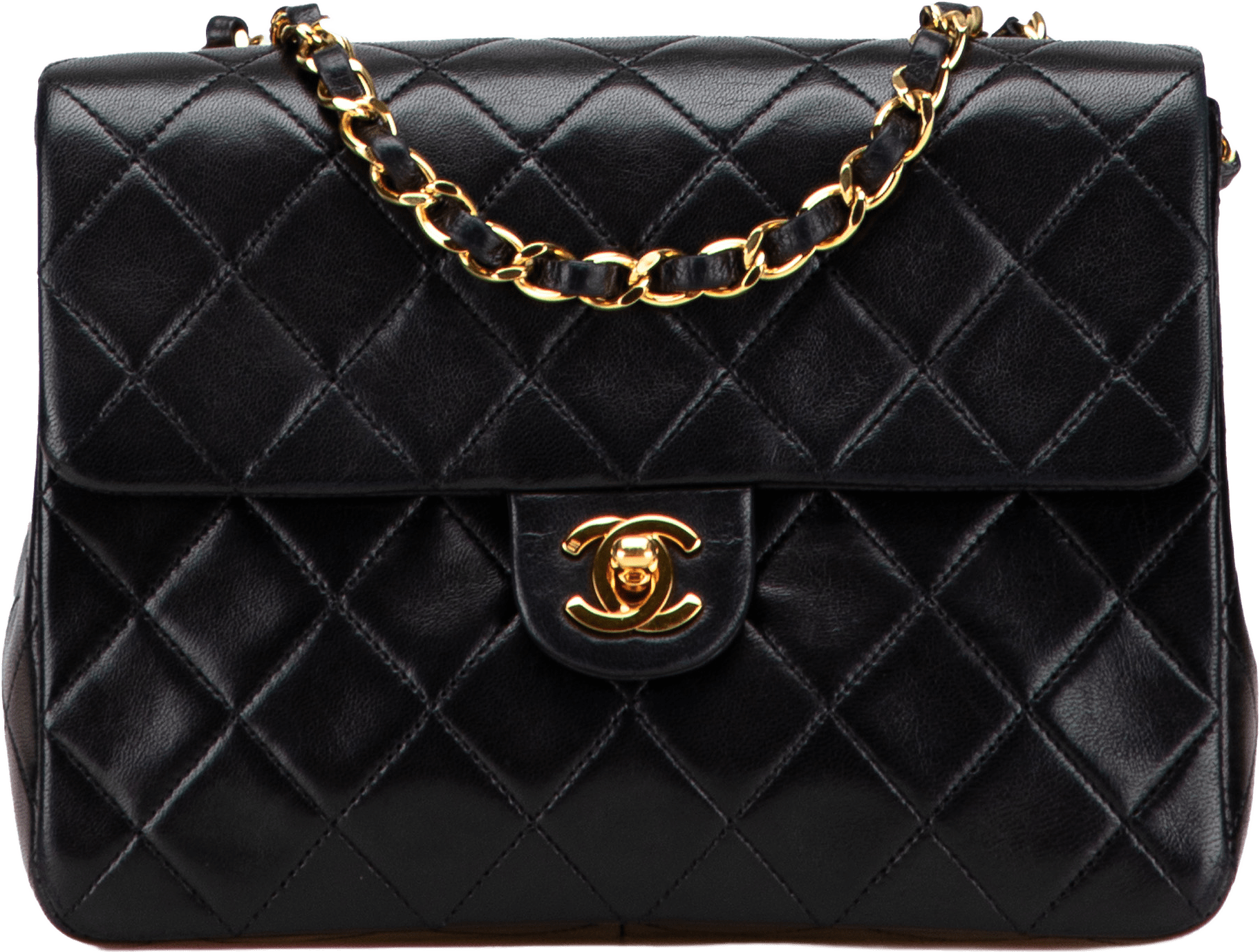 Chanel Small Square Quilted Lambskin Flap, från Luxclusif, i färgen black.