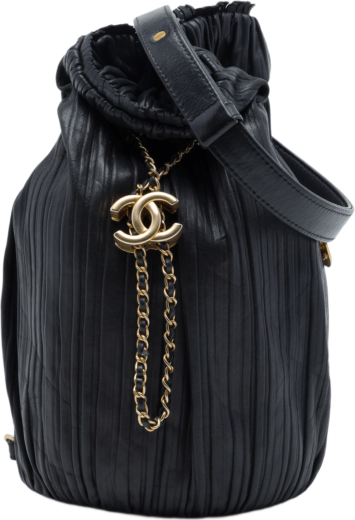Chanel Small Calfskin Coco Pleats Drawstring Backpack, från Luxclusif, i färgen svart.