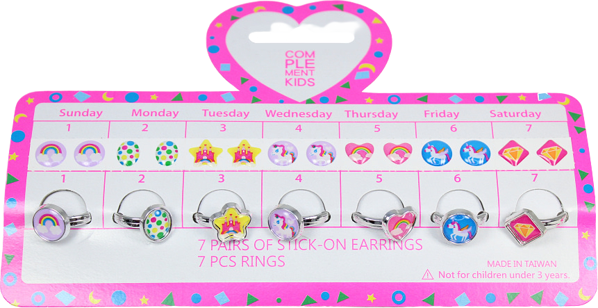Set med klisterörhängen och fingerringar - olika motiv, från Complement Kids, i färgen pink.