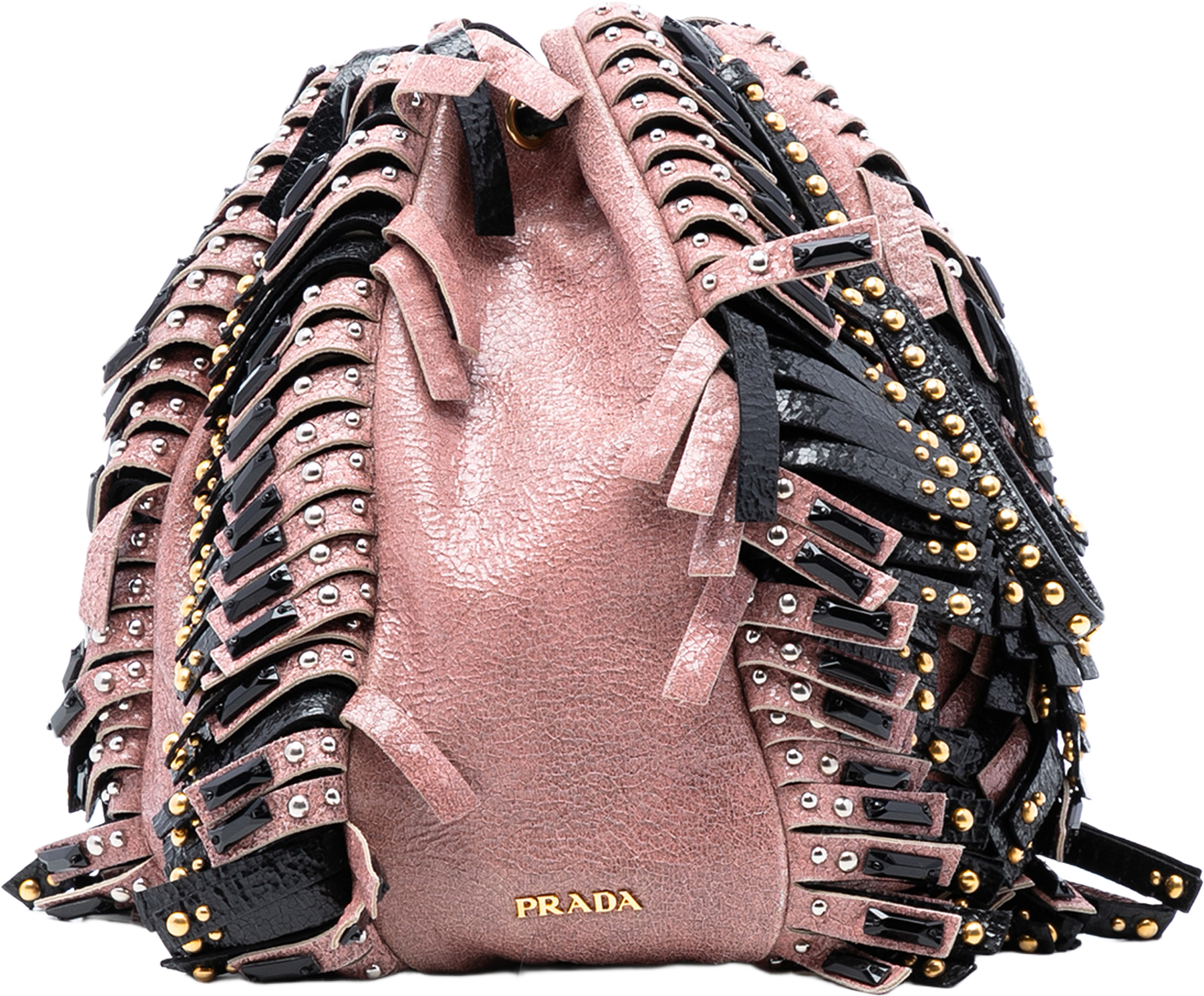 Prada Craquele Leather Embellished Fringe Bucket Bag, från Luxclusif, i färgen pink.