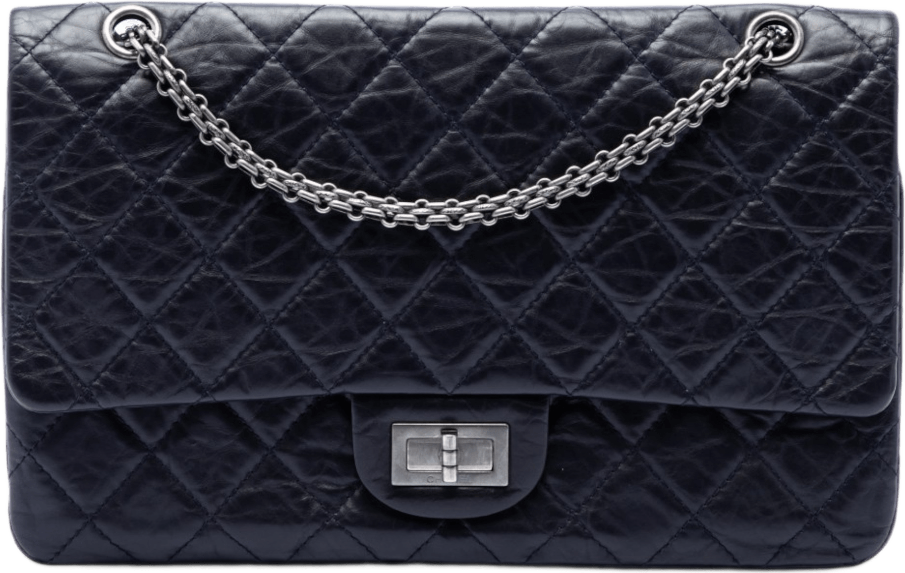 Chanel Quilted Aged Calfskin Reissue 2.55 Double Flap 227, från Luxclusif, i färgen navy.