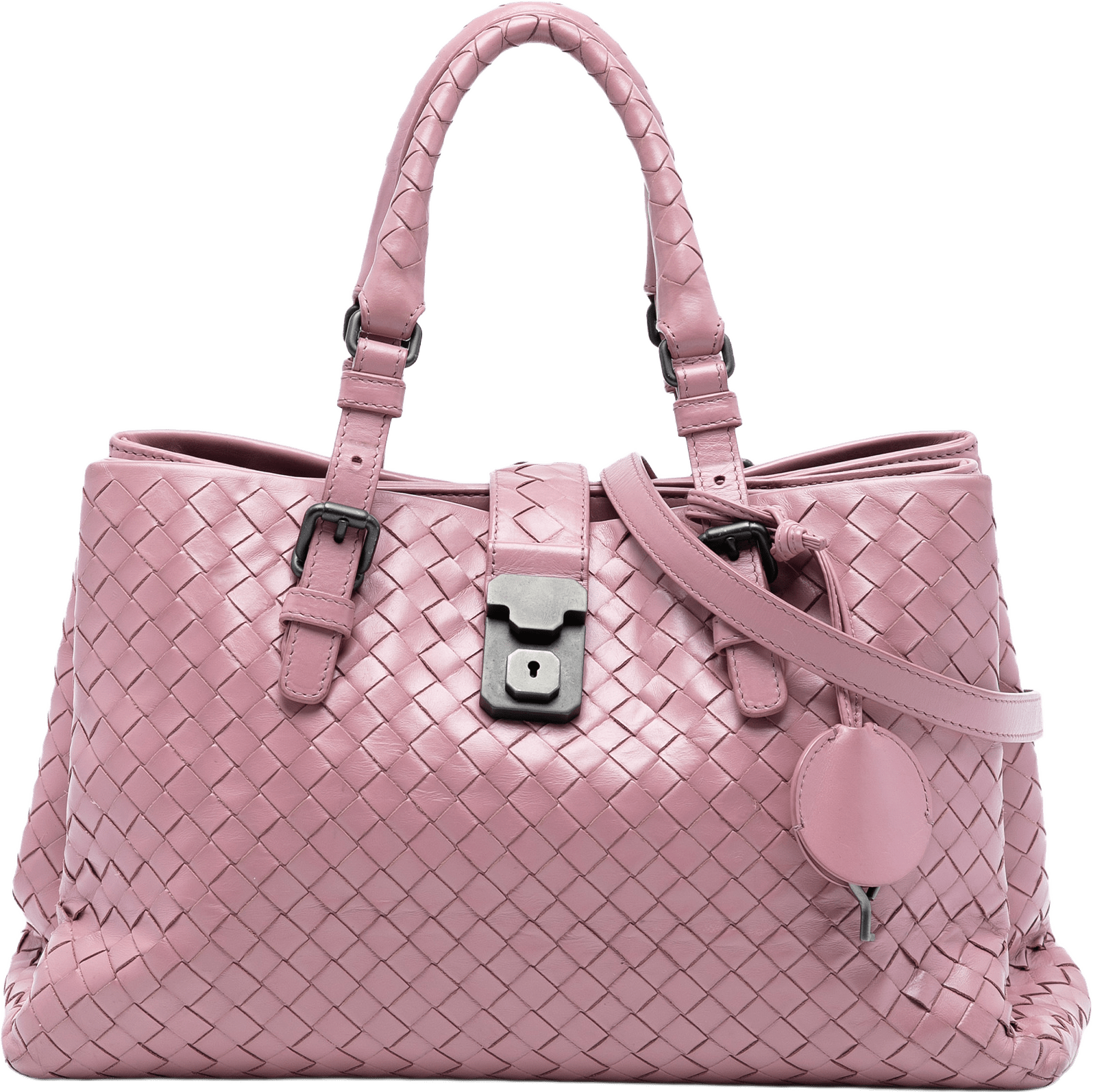 Bottega Veneta Small Nappa Intrecciato Roma Satchel, från Luxclusif, i färgen pink.