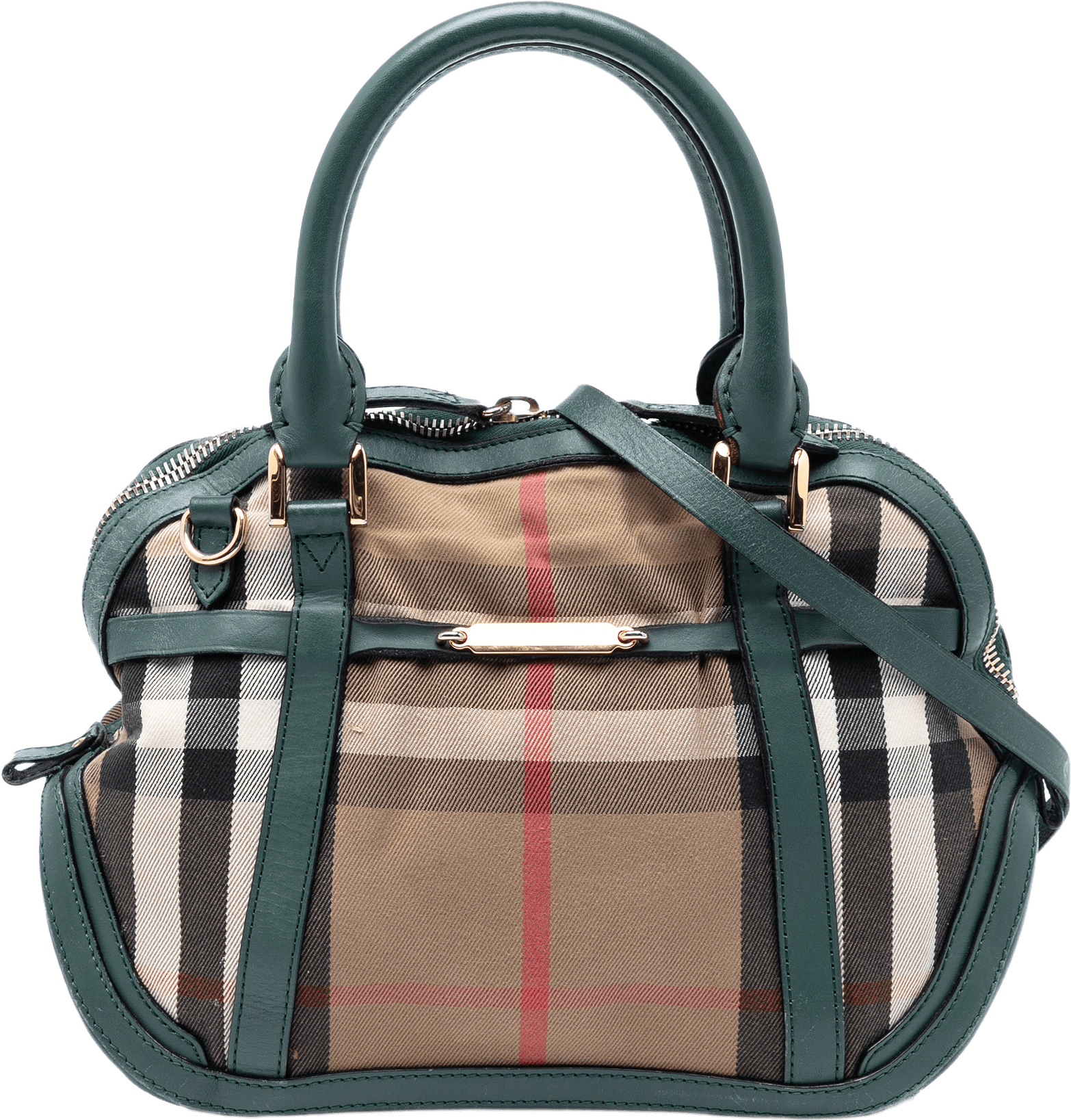 Burberry Small Leather Trimmed House Check Canvas Bridle Orchard Satchel, från Luxclusif, i färgen beige.