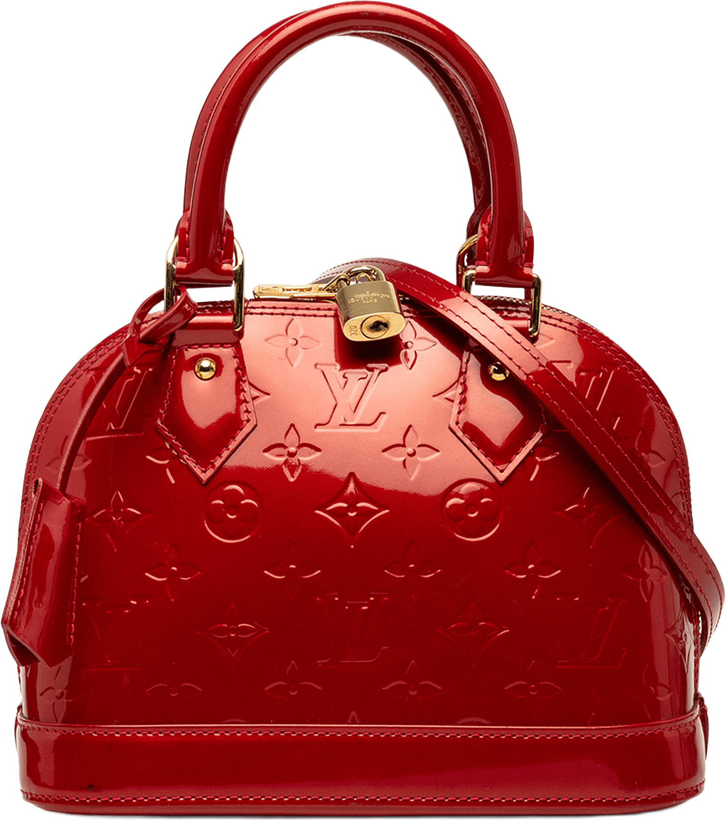 Louis Vuitton Monogram Vernis Alma Bb, från Luxclusif, i färgen röd.