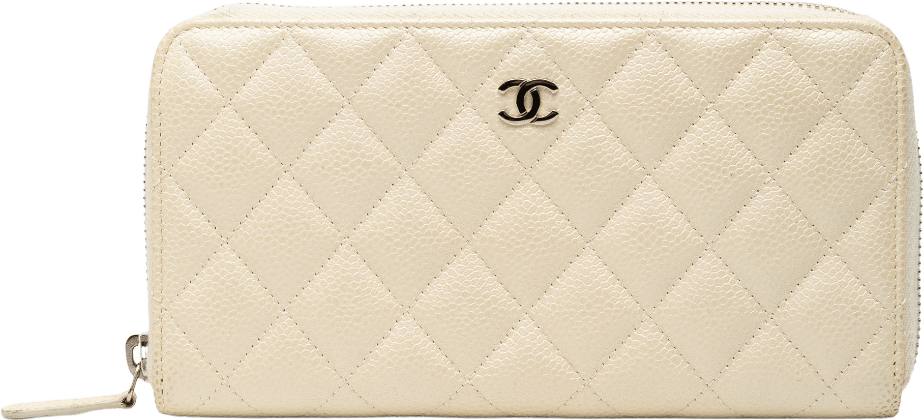 Chanel Cc Quilted Iridescent Caviar Zip Around Long Wallet, från Luxclusif, i färgen ivory.
