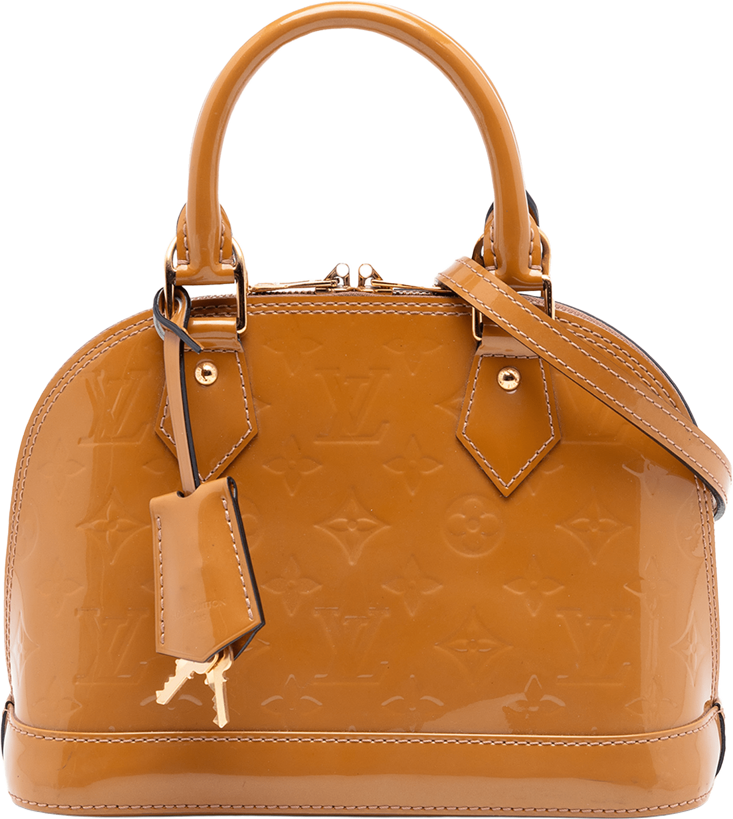 Louis Vuitton Monogram Vernis Alma Bb, från Luxclusif, i färgen camel.