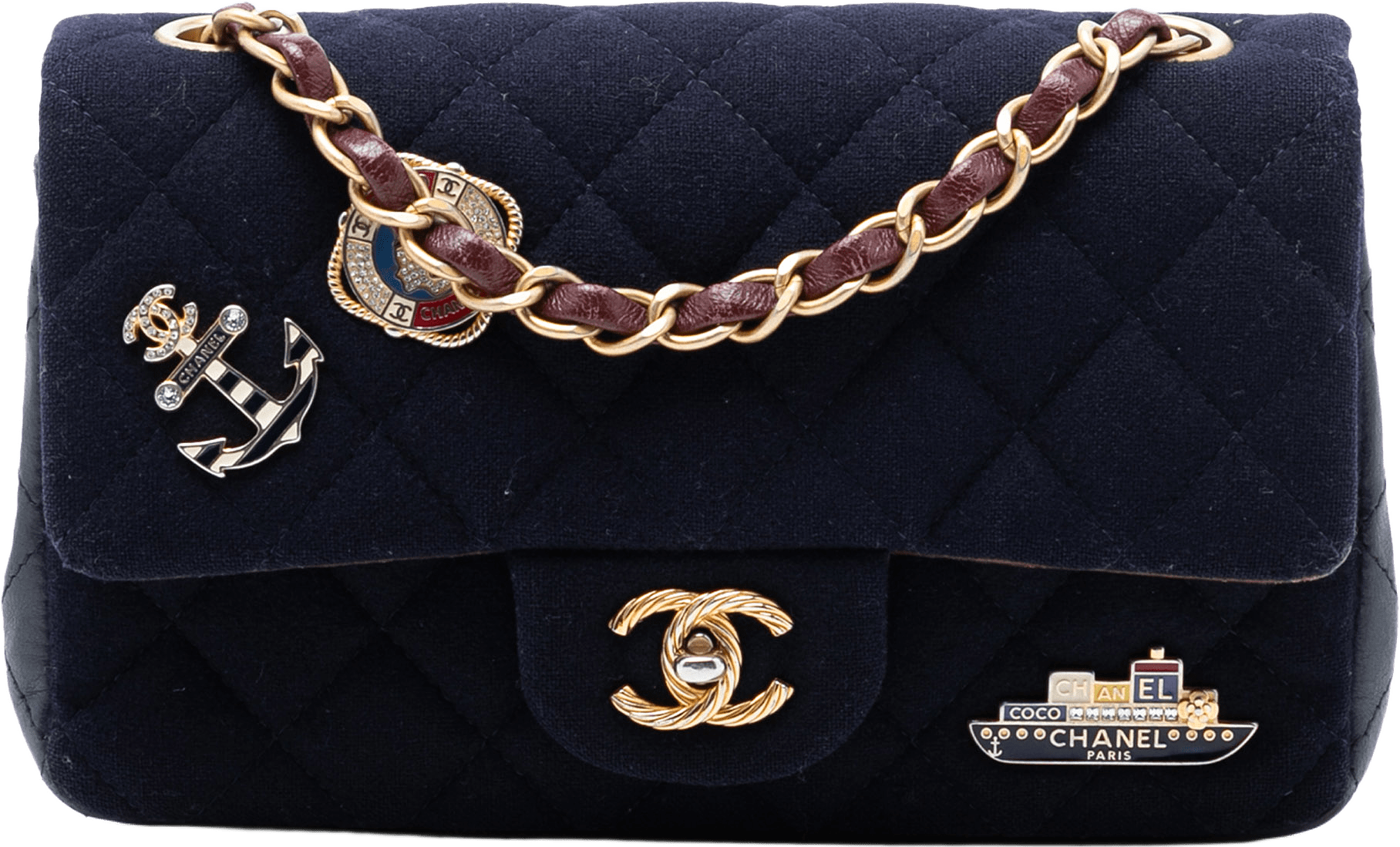 Chanel Paris Hamburg Mini Rectangular Classic Jersey Coco Sailor Charms Single Flap, från Luxclusif, i färgen navy.